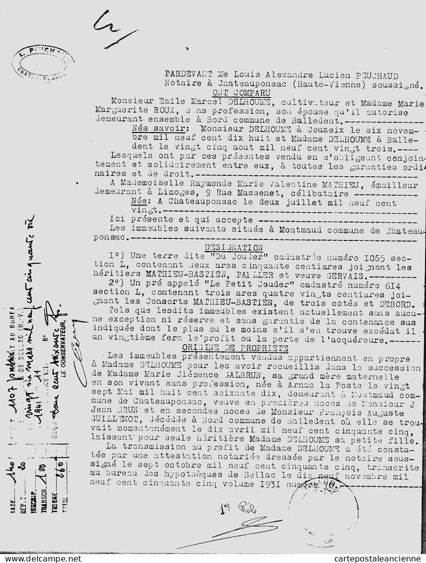 07978 / ⭐ ♥️ Acte Notaire PEUCHAUD Chateauponsac 1956 Vente DELHOUME Cultivateur-MATHIEU Emailleur Terre Dite DU COUDER - 1900 – 1949
