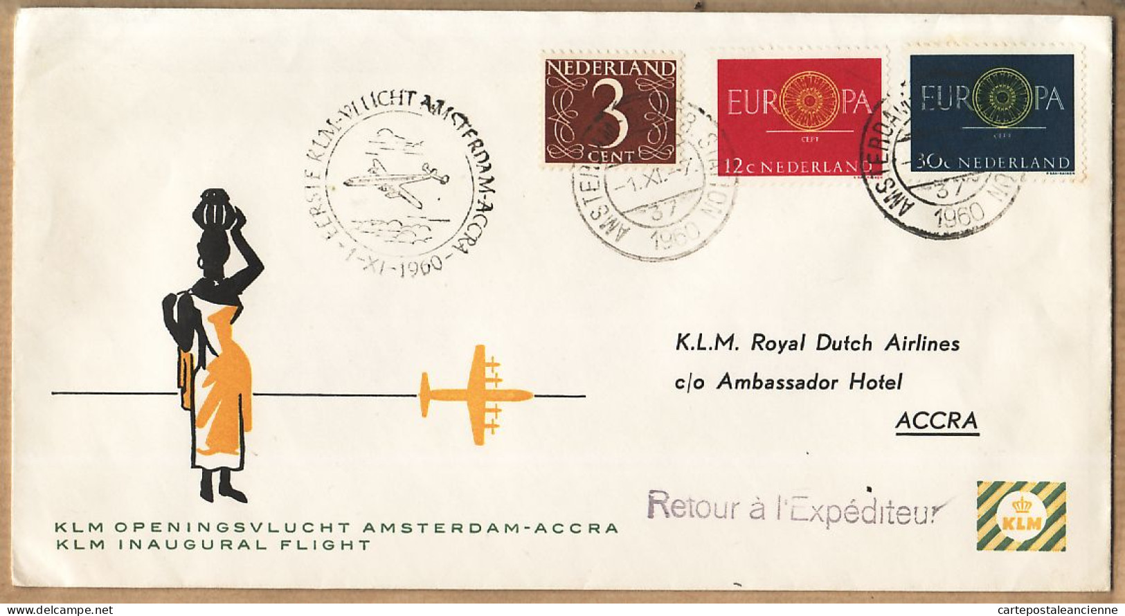 07608 ● KLM Openingsvlucht AMSTERDAM ACCRA Vol Inaugural KLM 01-11-1960 Retour Expéditeur - Lettres & Documents