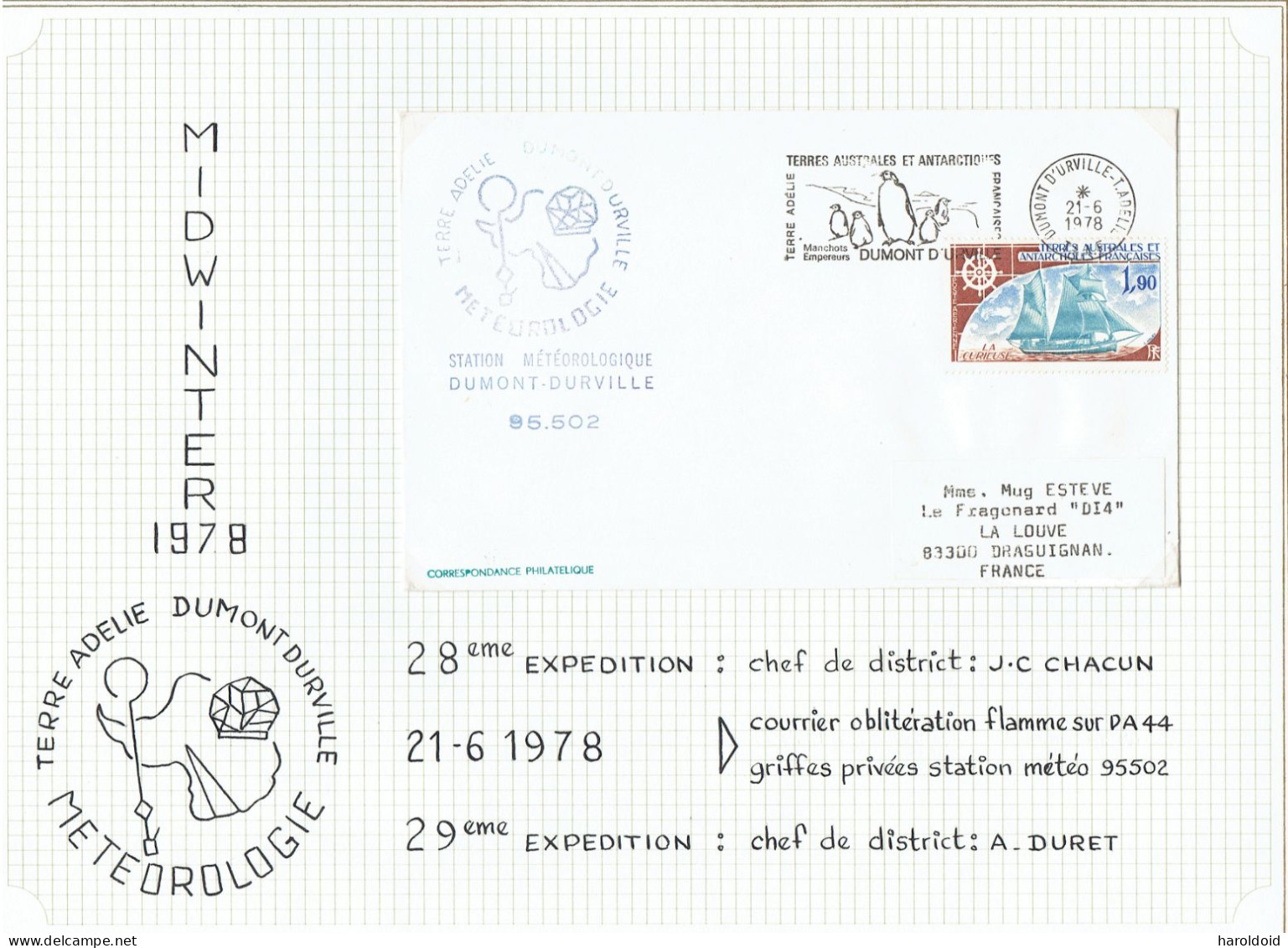 28e Expedition - LS OB FLAMME Illustrée Dumont D'Urville - Cachet Privé STATION METEO 95.502 - Lettres & Documents