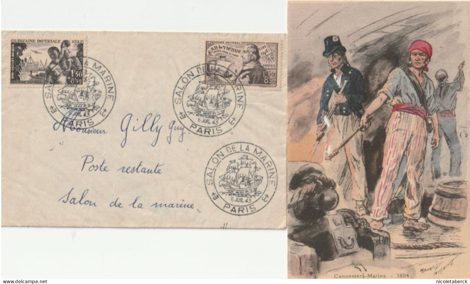 N°543/544 Sur Enveloppe Ayant Voyagée + Carte Illustrée Par Maurice Toussaint  Canonniers -marins 1804. Rare - Brieven En Documenten