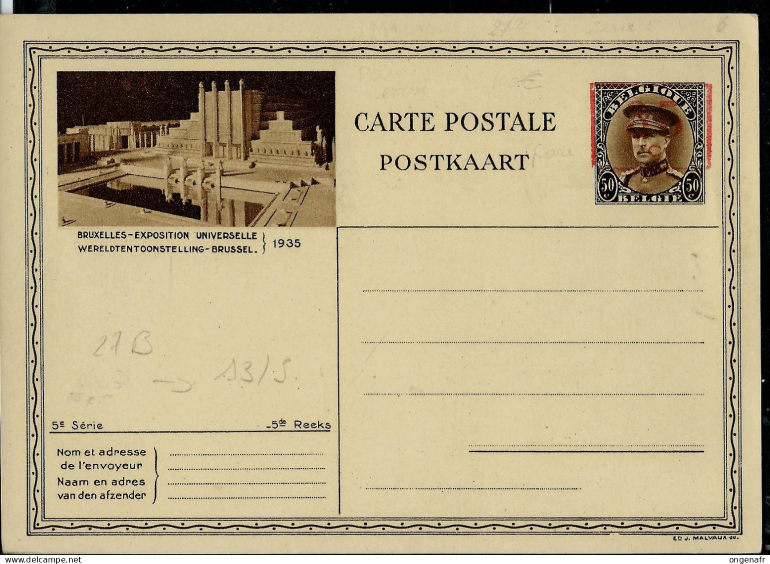 Carte Illustrées Neuve N° 27B ( Bruxelles-Expo 1935)  Surcharge à La Timbreuse électrique ( Page 81 ) - Postkarten 1934-1951