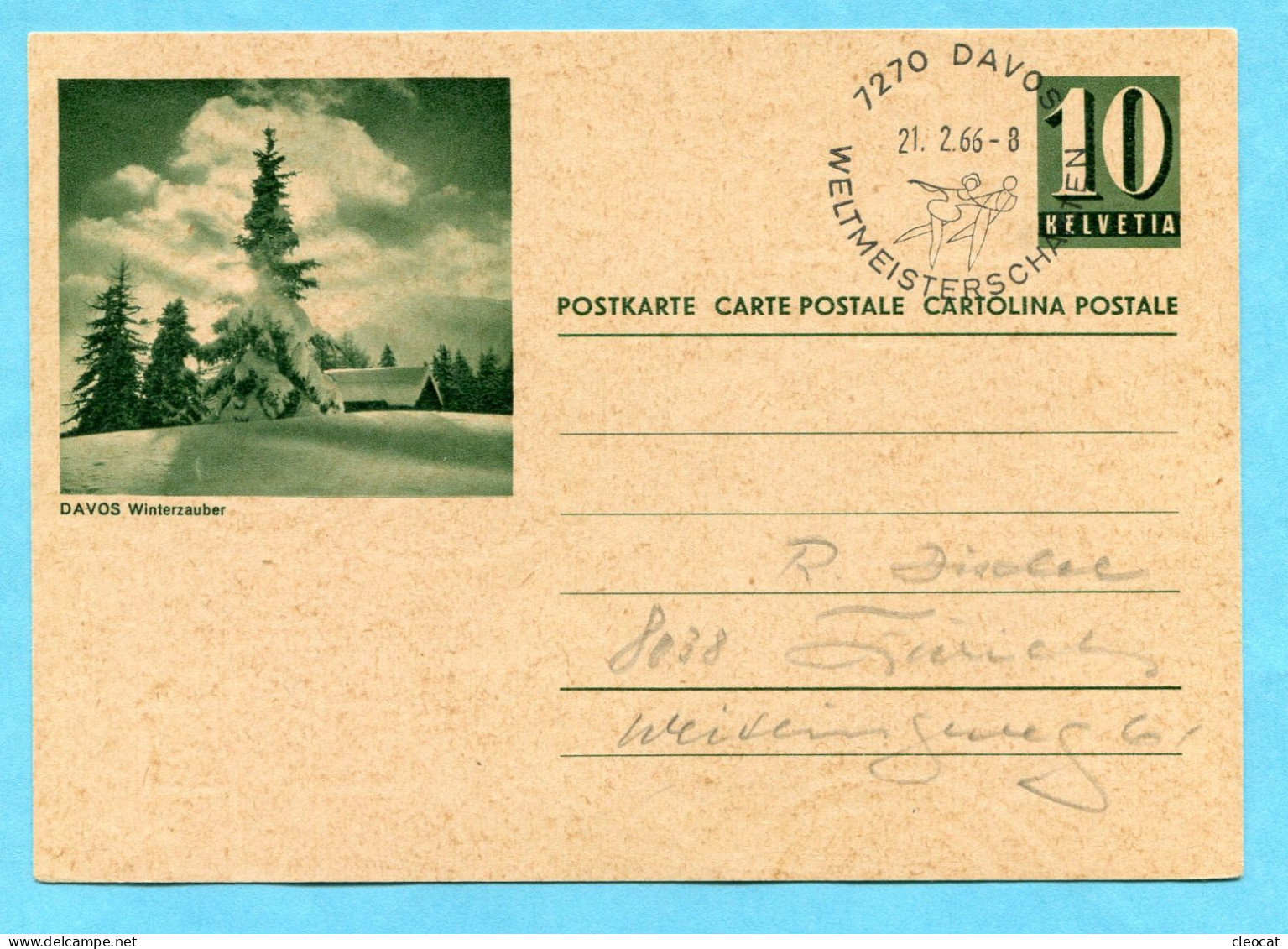 Postkarte Davos 1966 - Bild Davos Winterzauber - Stamped Stationery