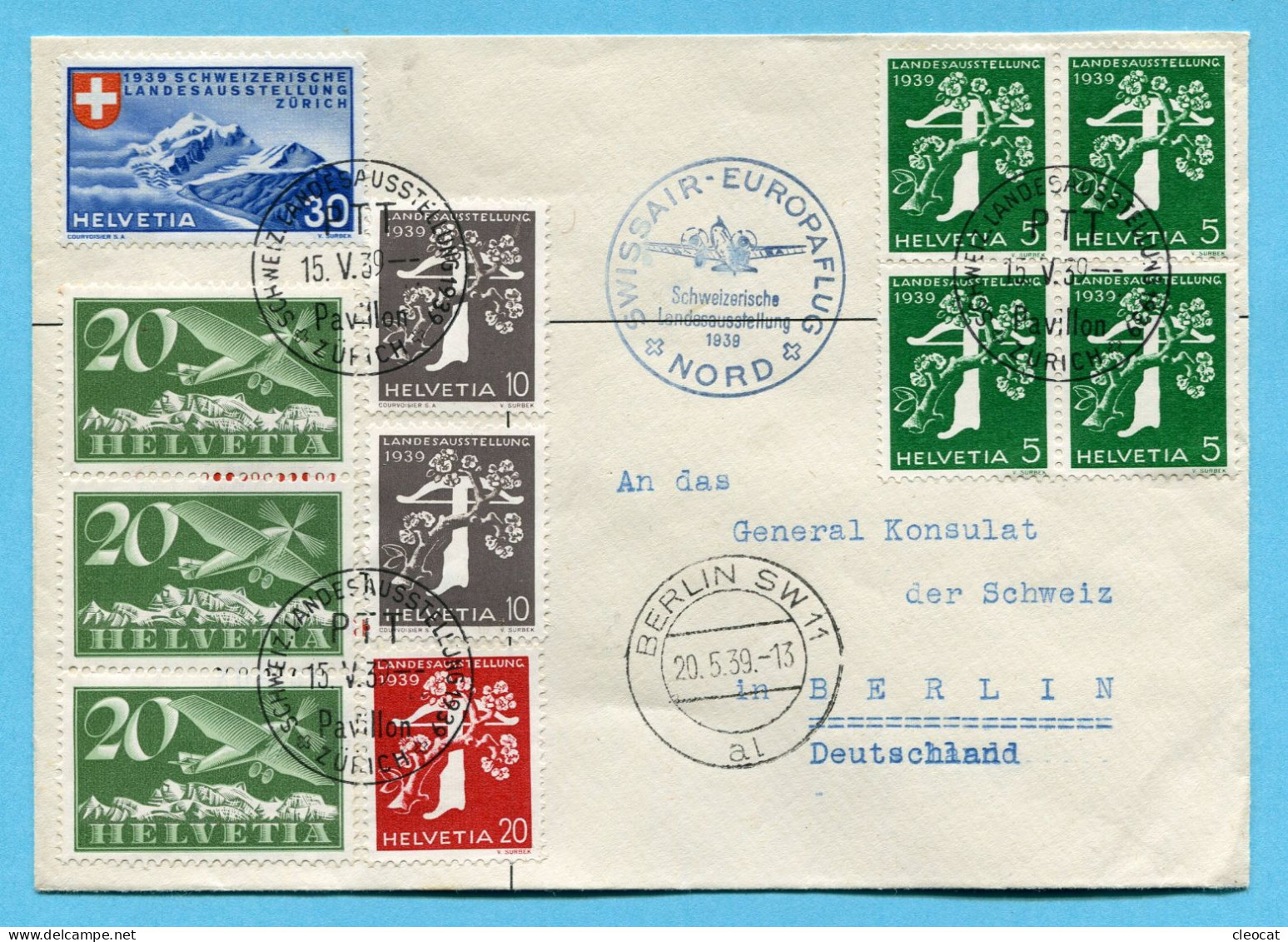 Brief Swissair Europaflug Nord - Schweiz. Landesausstellung Zürich 1939 Nach Berlin - Premiers Vols