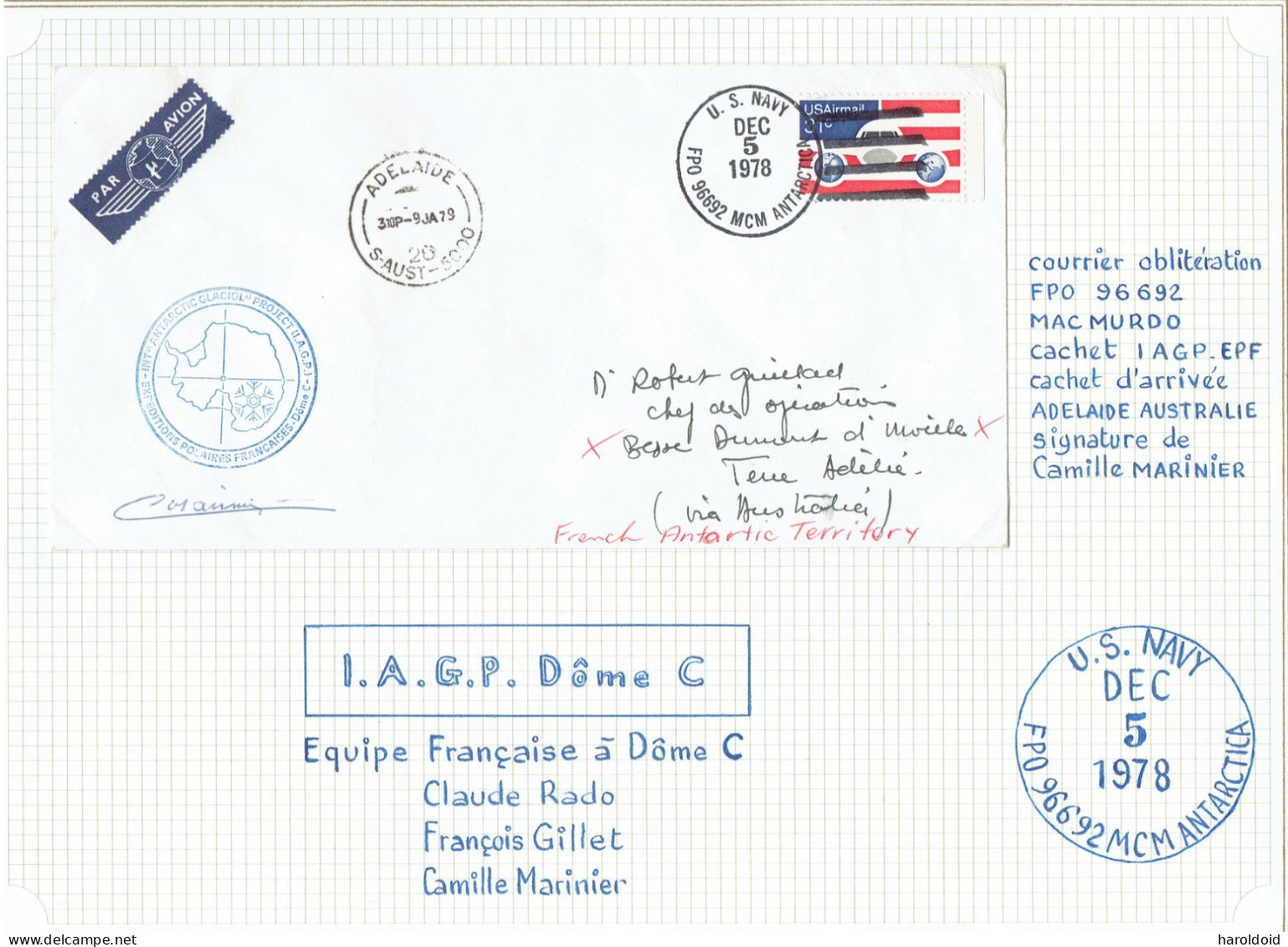 Terre Adélie - LS TP USA OB CàD US NAVY FPO 96 692 Cachet Illustré IAGP EPF Dôme C Signature CAMILLE MARINIER - TTB - Storia Postale