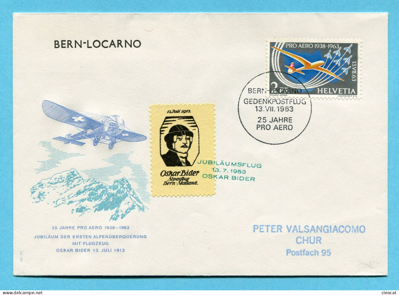 Brief Gedenkpostflug Bern-Locarno 1963 - Nr. 63.1f Mit Vignette - Eerste Vluchten