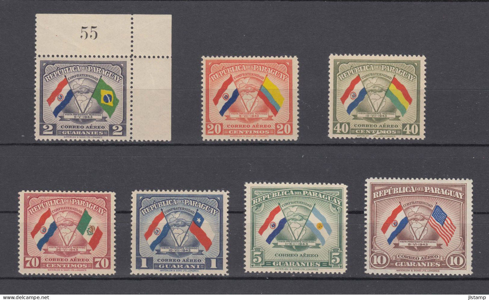 Paraguay 1945 Flags, 7 Air Mail Stamps,Scott# C147-153,MNH,OG,VF, 40c Damaged! - Paraguay