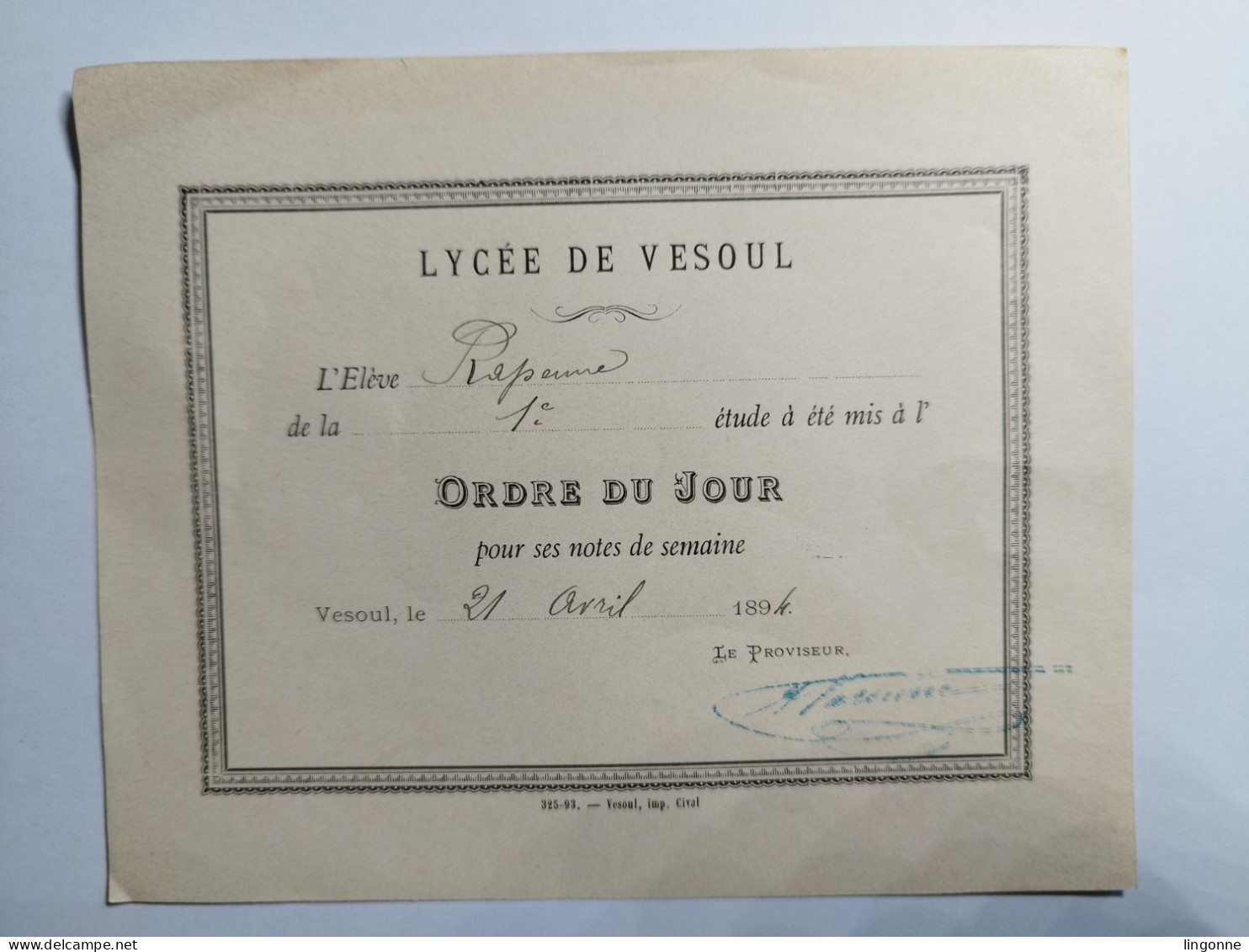 1894 ORDRE DU JOUR Lycée De VESOUL (Haute-Saône 70) élève RAPENNE - Diplomas Y Calificaciones Escolares