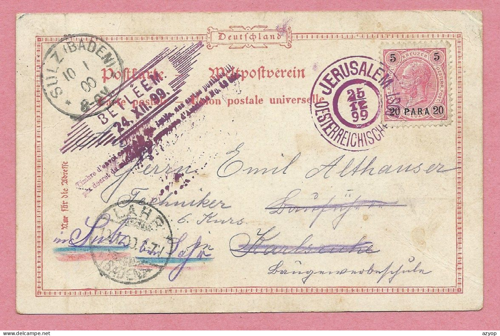 Sur CP - Cachet JERUSALEM OESTERREICHISCHE POST - De BETLEEM Pour SULZ ( Baden ) - 1900 - 5 Kreuzer - 20 Para - Palestine