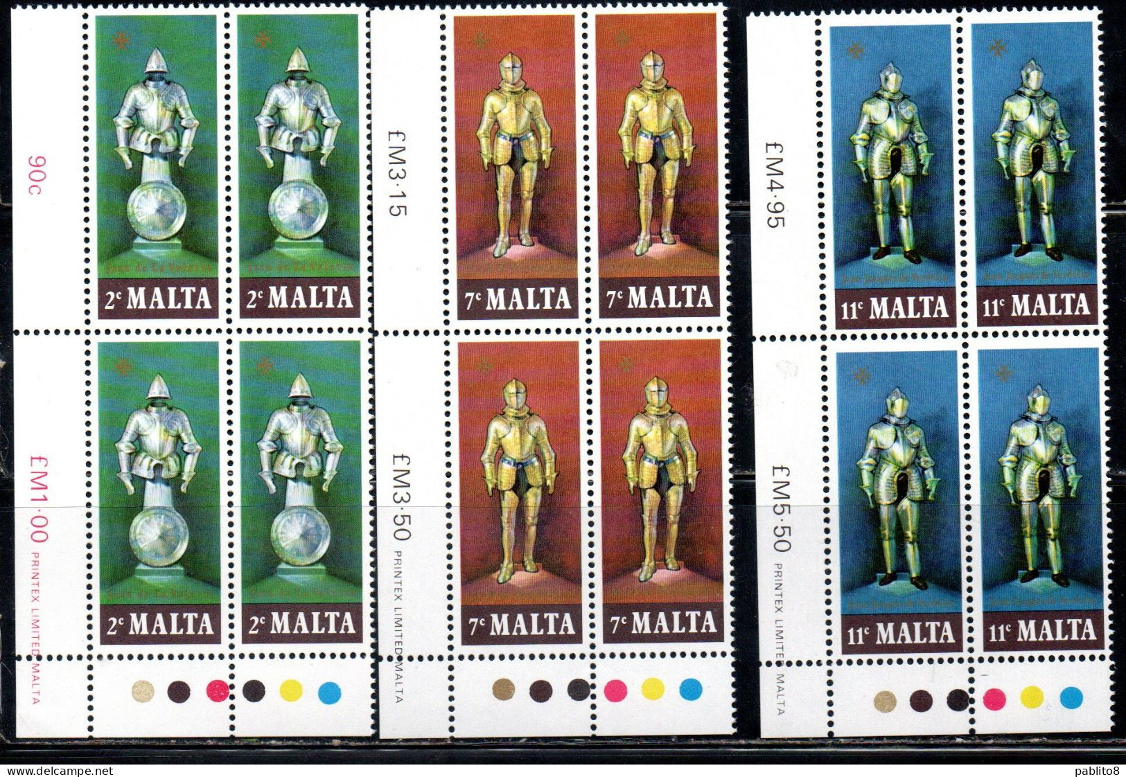 MALTA 1977 SUITS OF ARMOR ARMATURE COMPLETE SET SERIE COMPLETA BLOCK QUARTINA MNH - Malte