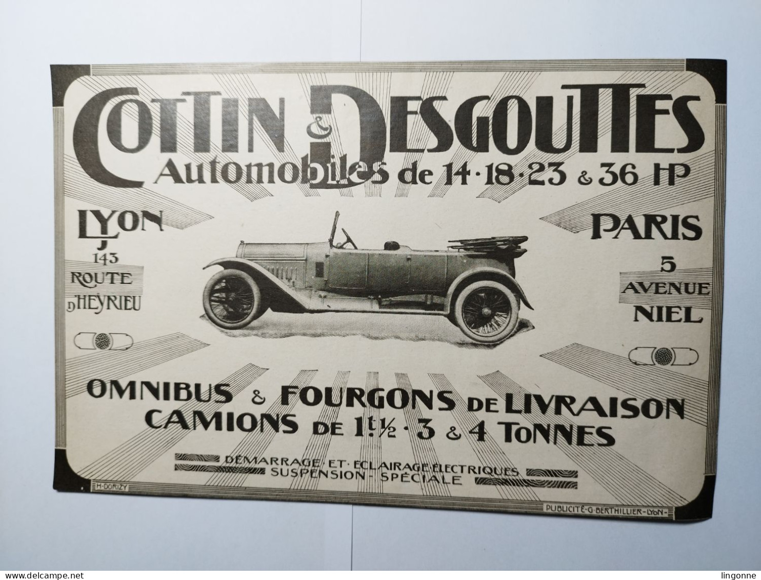 Cartonnage Publicitaire COTTIN & DESGOUTTES AUTOMOBILES OMNIBUS FOURGONS CAMIONS 17,5 X 27 Cm Env - Publicidad