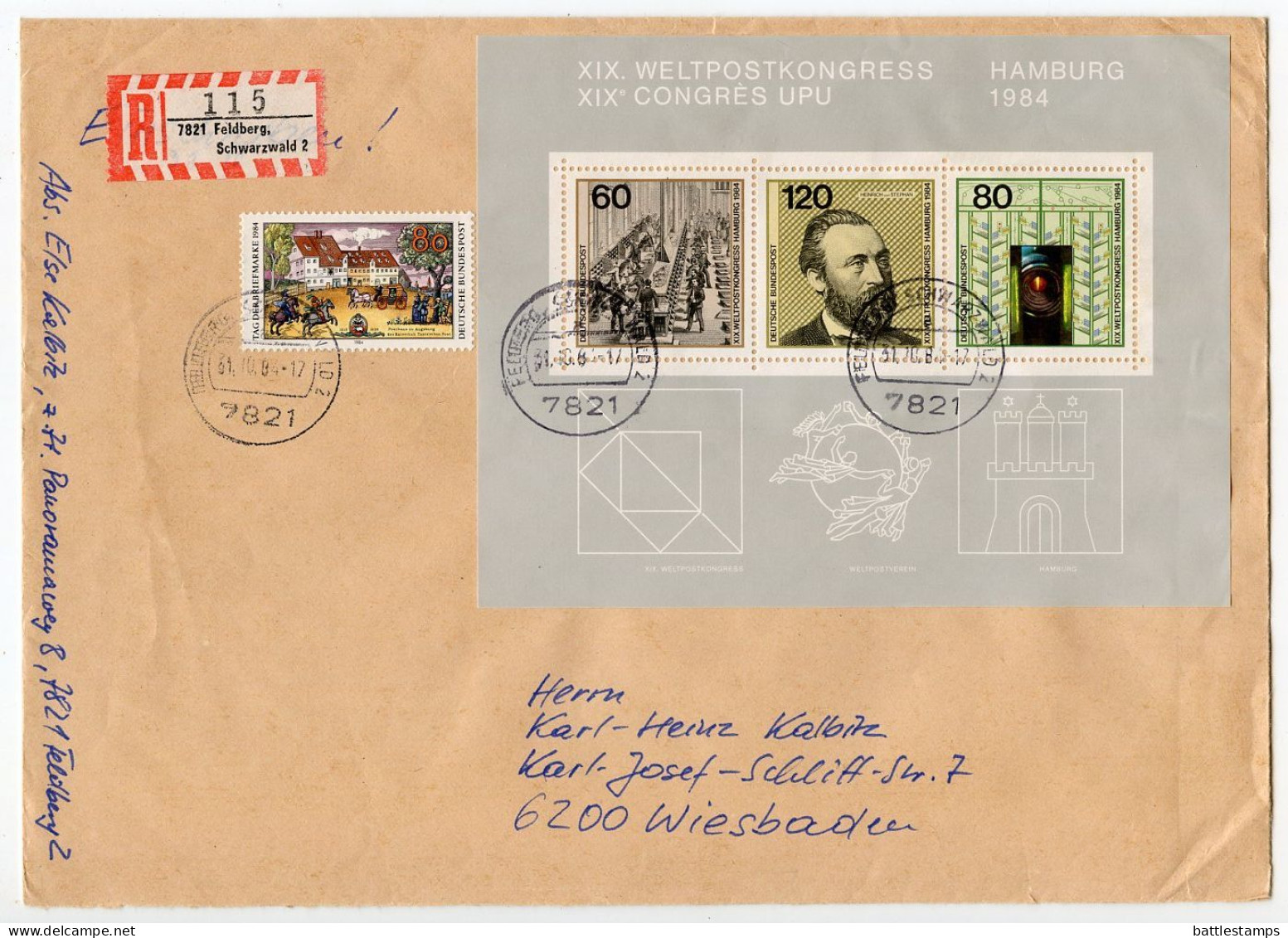 Germany, West 1984 Registered Cover; Feldberg, Schwarzwald To Wiesbaden; 1984 UPU Congress Souvenir Sheet - Covers & Documents