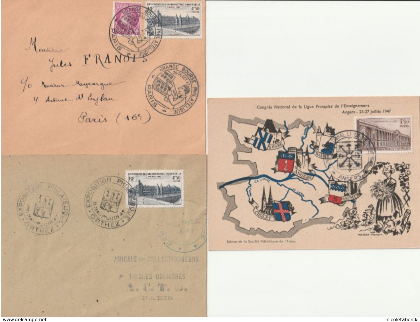 N°780/1 Sur Enveloppes Et Carte, Obl: Expo Philatélie Paris 25/10/47 Orthez 31/5/47 Angers 23/7/47. Collection BERCK. - Storia Postale