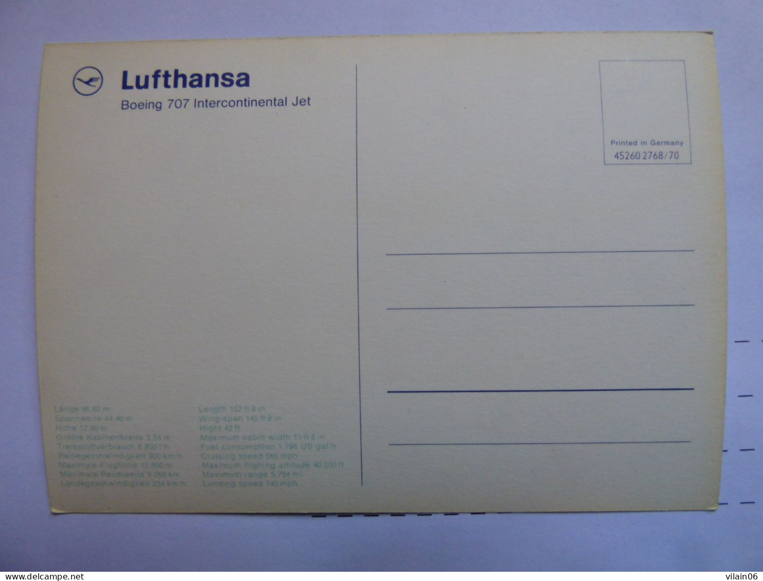 LUFTHANSA  B 707     /   AIRLINE ISSUE / CARTE COMPAGNIE - 1946-....: Ere Moderne