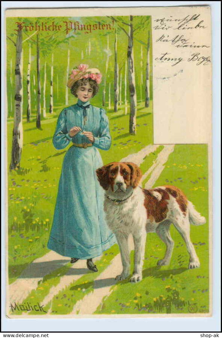 W3L95/ Pfingsten Schöne Mailick Litho AK Frau Mit Hund - Pentecoste