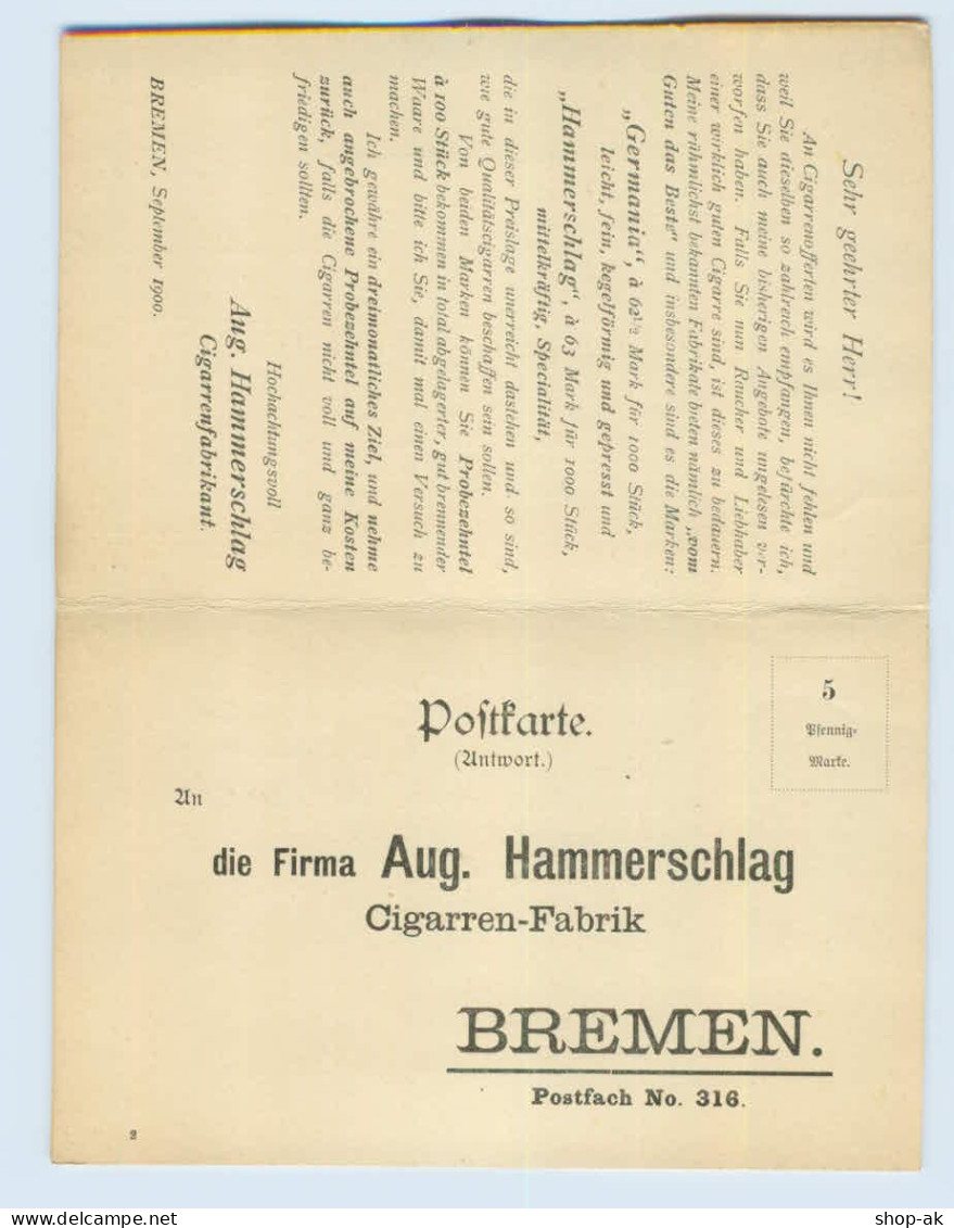 W9Z13/ Bremen Zigarrenfabrik Aug. Hammerschlag Mit Bestell AK 1900 - Autres & Non Classés