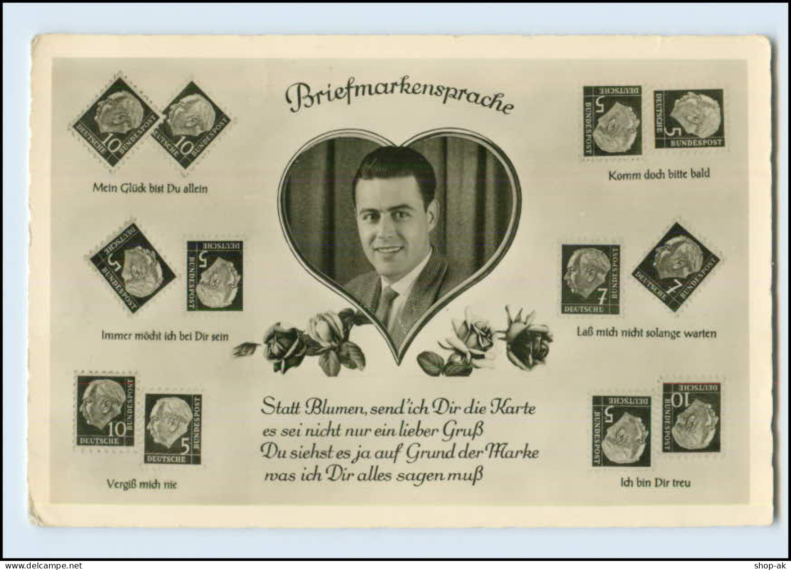 T1040/ Briefmarkensprache Heuss Marken Foto AK Ca.1958 - Francobolli (rappresentazioni)