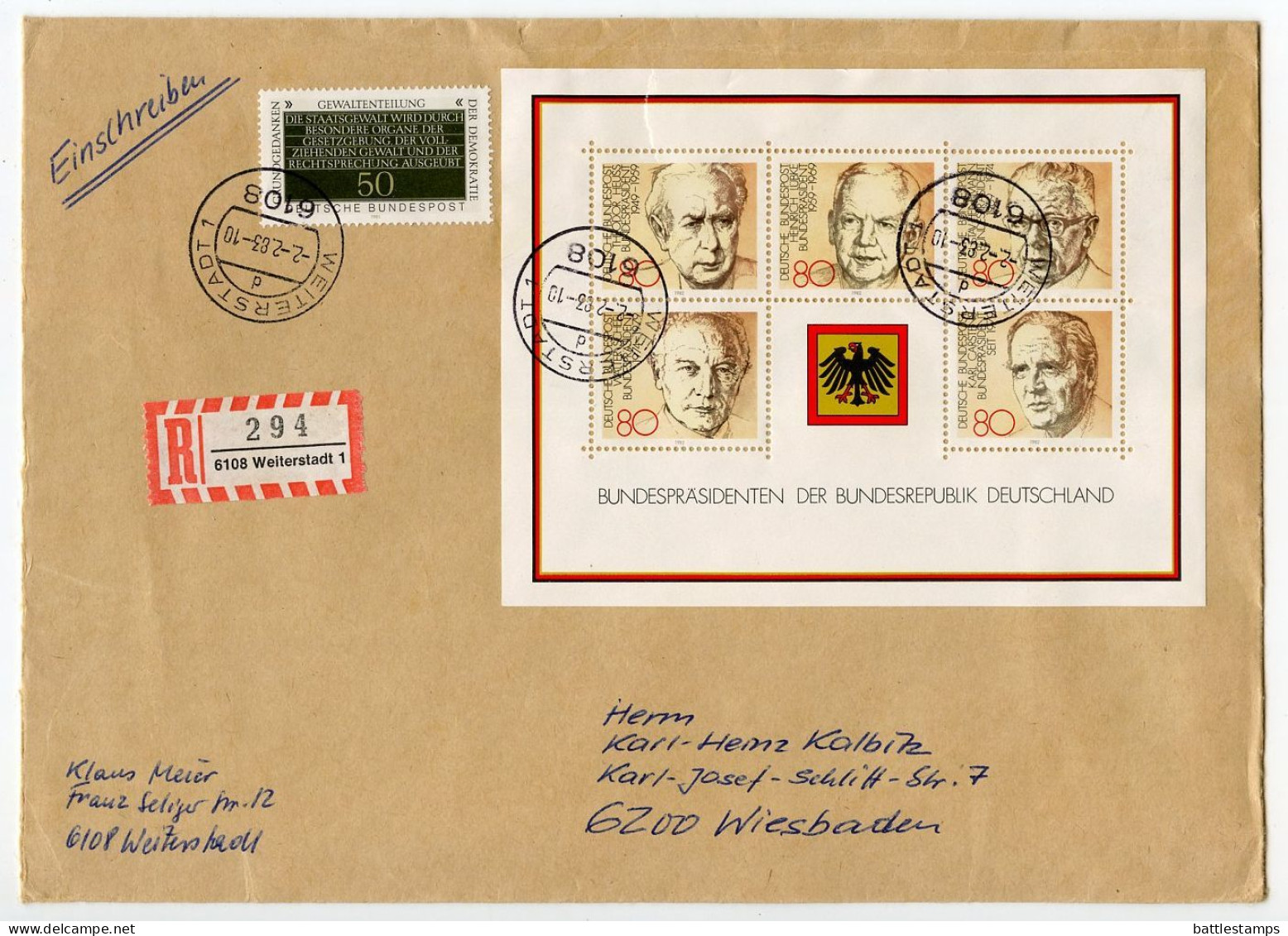 Germany, West 1983 Registered Cover; Weiterstadt To Wiesbaden; German Presidents Souvenir Sheet - Storia Postale