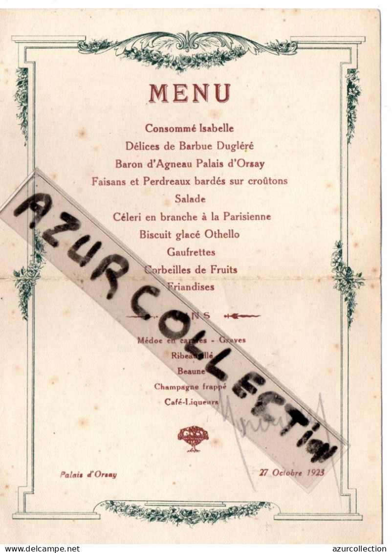 MENU PALAIS D'ORSAY . 1923 - Menükarten