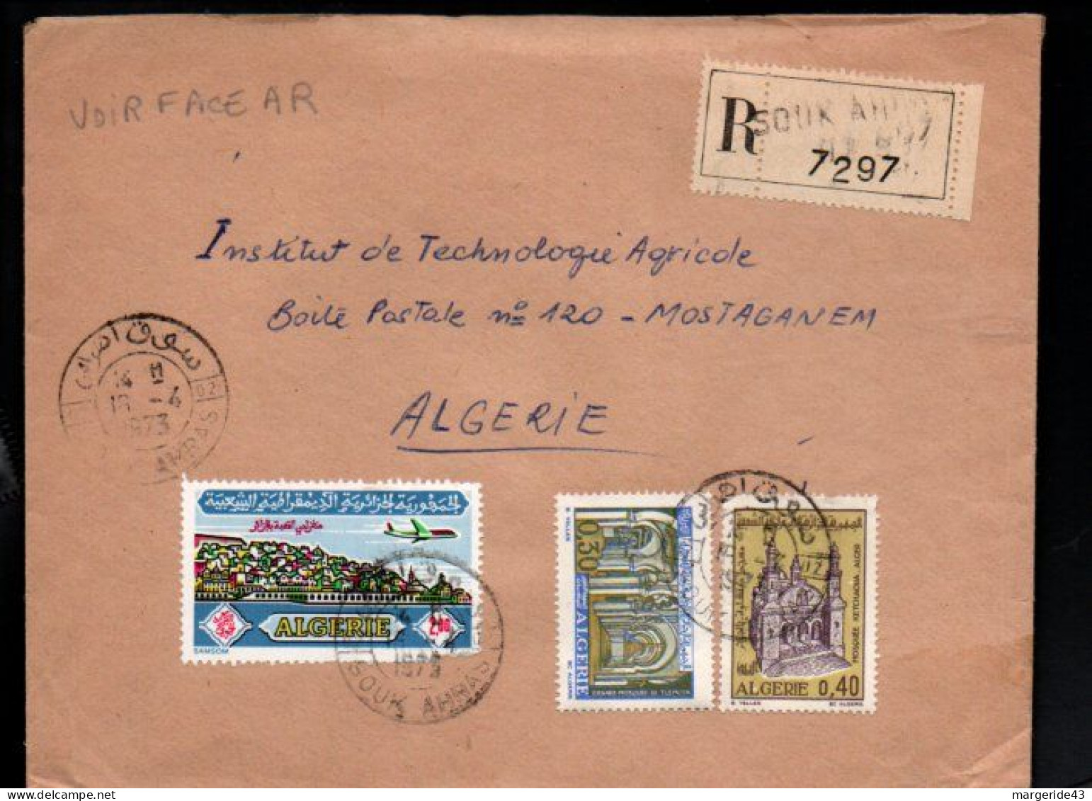 ALGERIE AFFRANCHISSEMENT COMPOSE SUR LETTRE  RECOMMANDEE DE SOUK ARRAS 1973 - Algérie (1962-...)