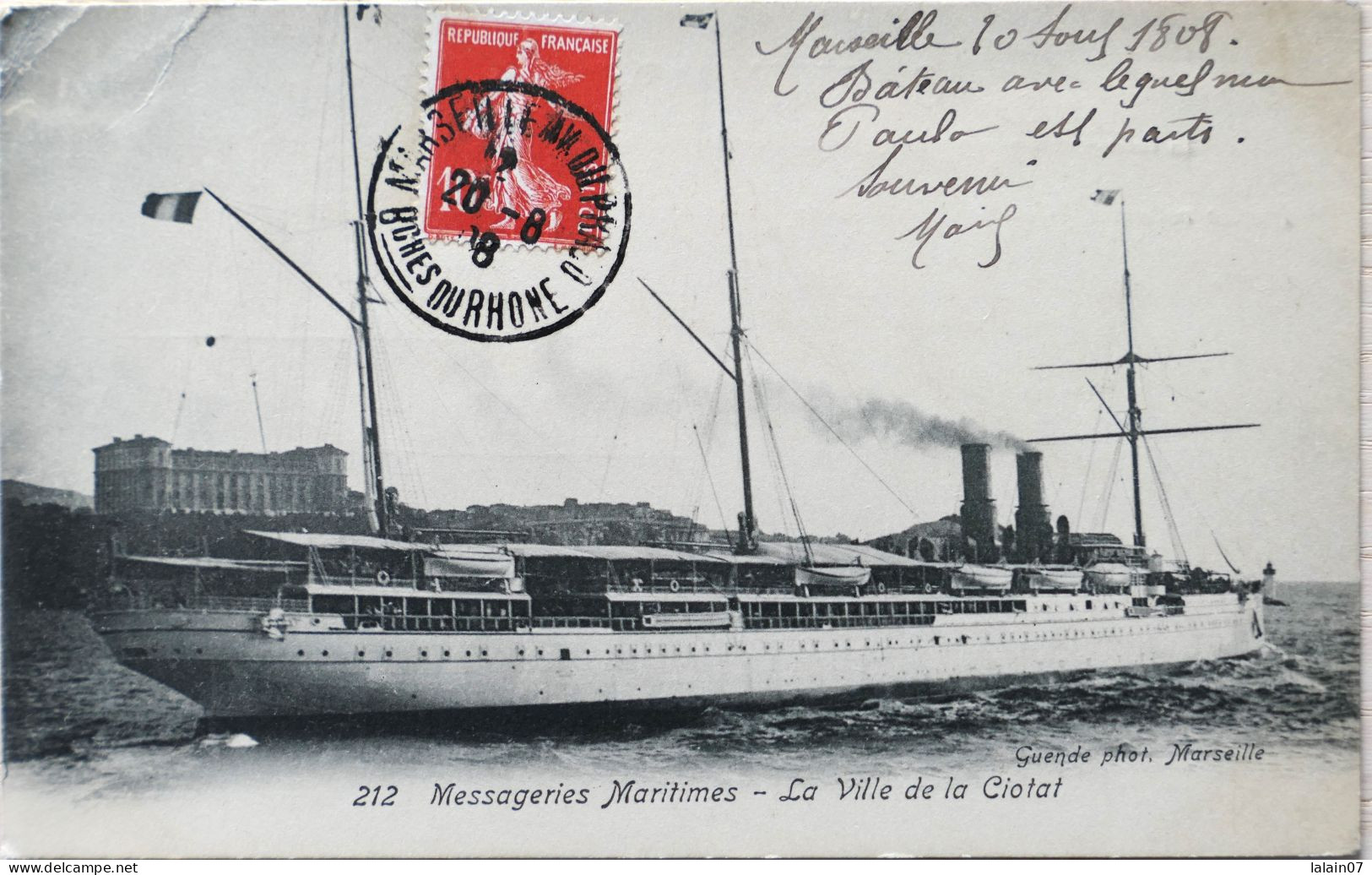 C. P. A. : Bateau Des Messageries Maritimes : La Ville De La Ciotat,, Départ De Marseille, Timbre En 1908 - Paquebots