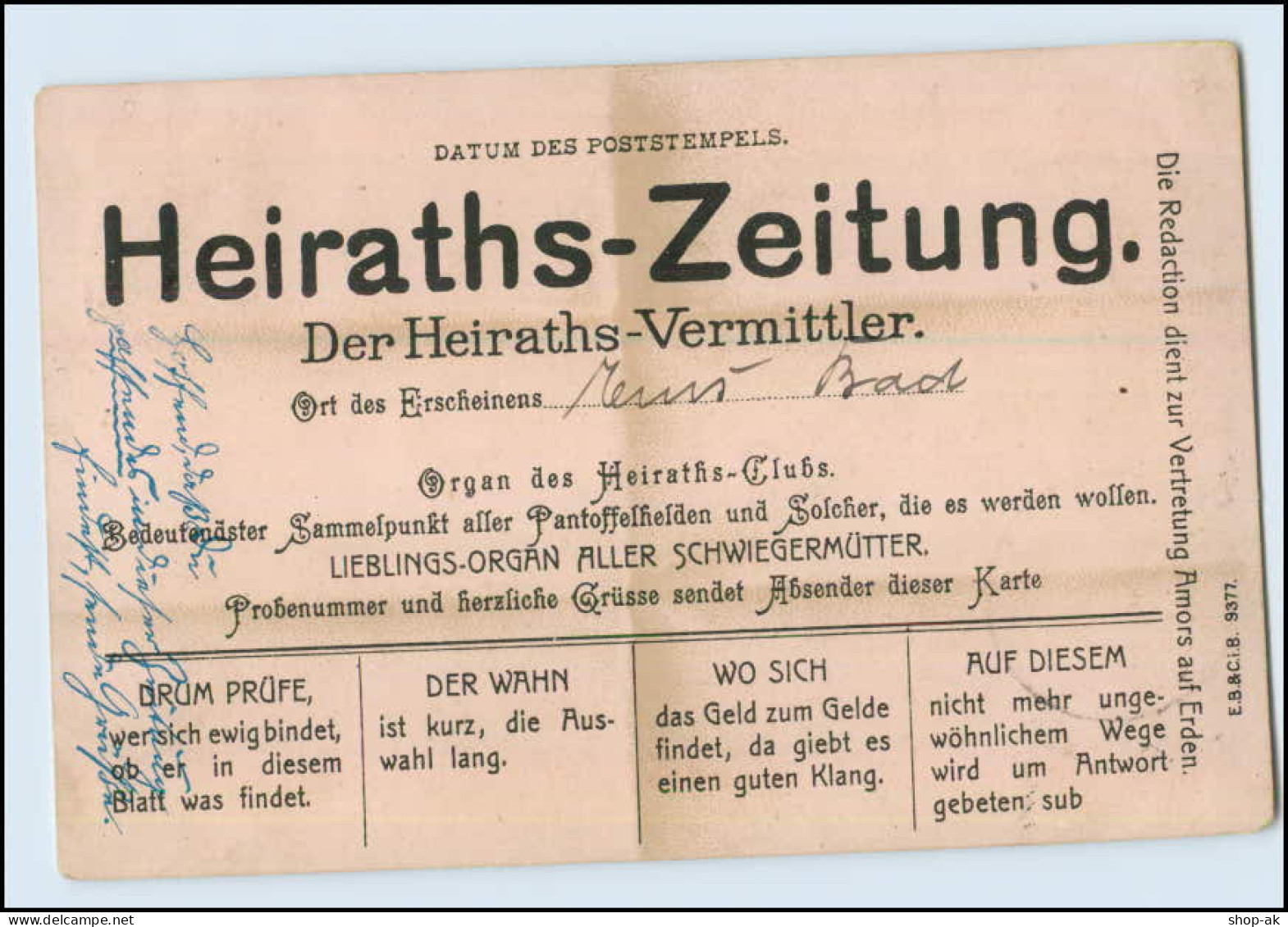 Y4907/ Heirats-Zeitung  Heirats-Vermittler Humor AK 1901 - Humour