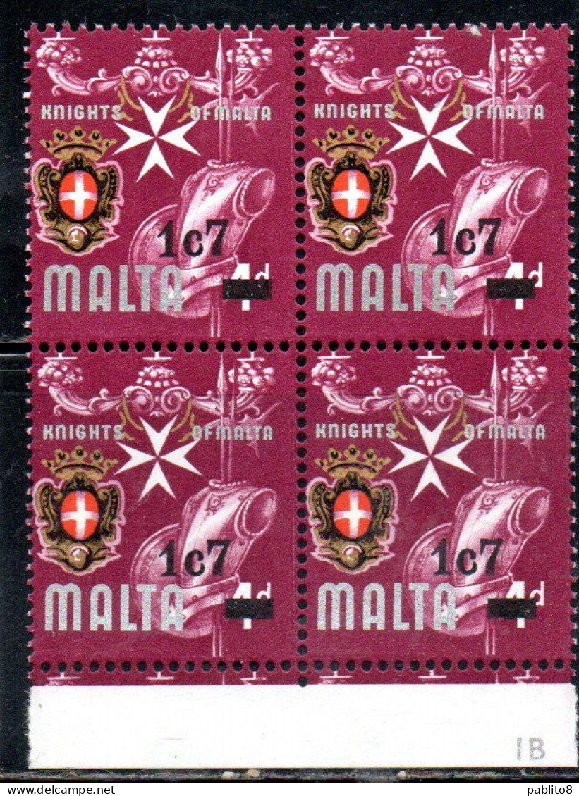 MALTA 1977 KNIGHTS ARMOR ARMATURE DI CAVALIERI COAT OF ARMS STEMMA ARMOIRIES SURCHARGED 1c7m On 4p SURCHARGE BLOCK  MNH - Malte