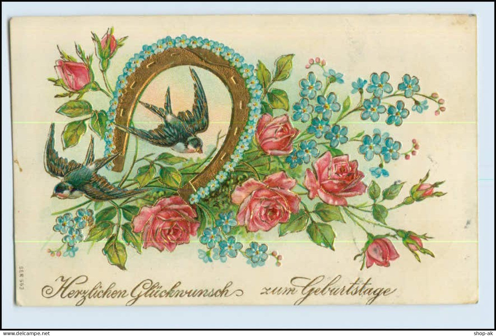 W4R88/ Geburtstag Vögel Mit Hufeisen Und Rosen Litho Prägedruck AK - Geburtstag