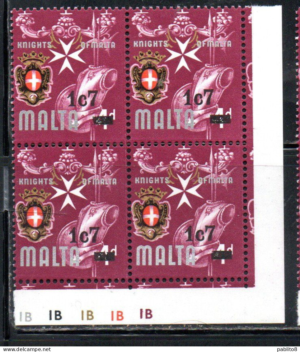 MALTA 1977 KNIGHTS ARMOR ARMATURE DI CAVALIERI COAT OF ARMS STEMMA ARMOIRIES SURCHARGED 1c7m On 4p SURCHARGE BLOCK  MNH - Malta