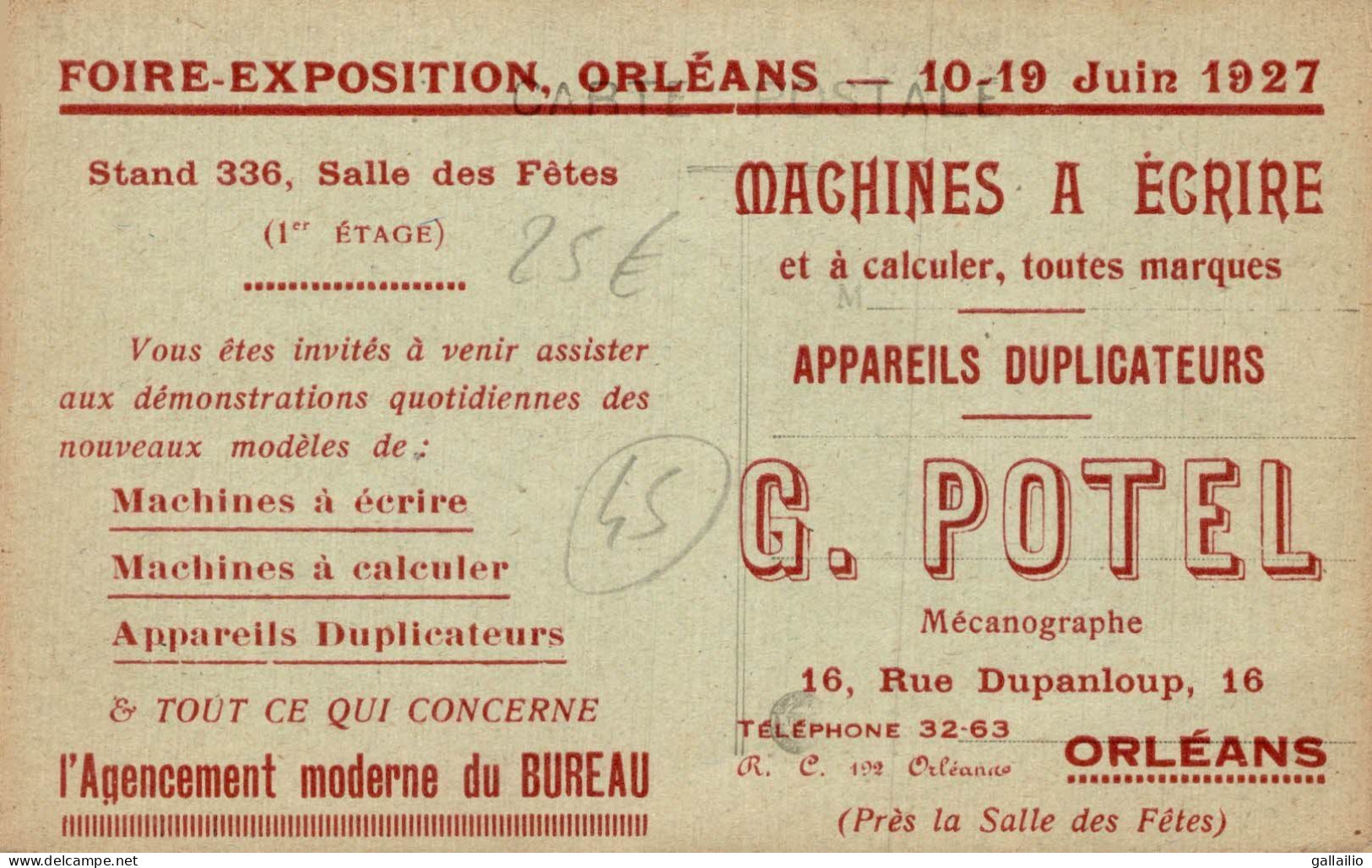 ORLEANS LA RUE DE LA HALLEBARDE ET LA POSTE TRAMWAY PUB AU DOS FOIRE EXPO 1927 - Orleans