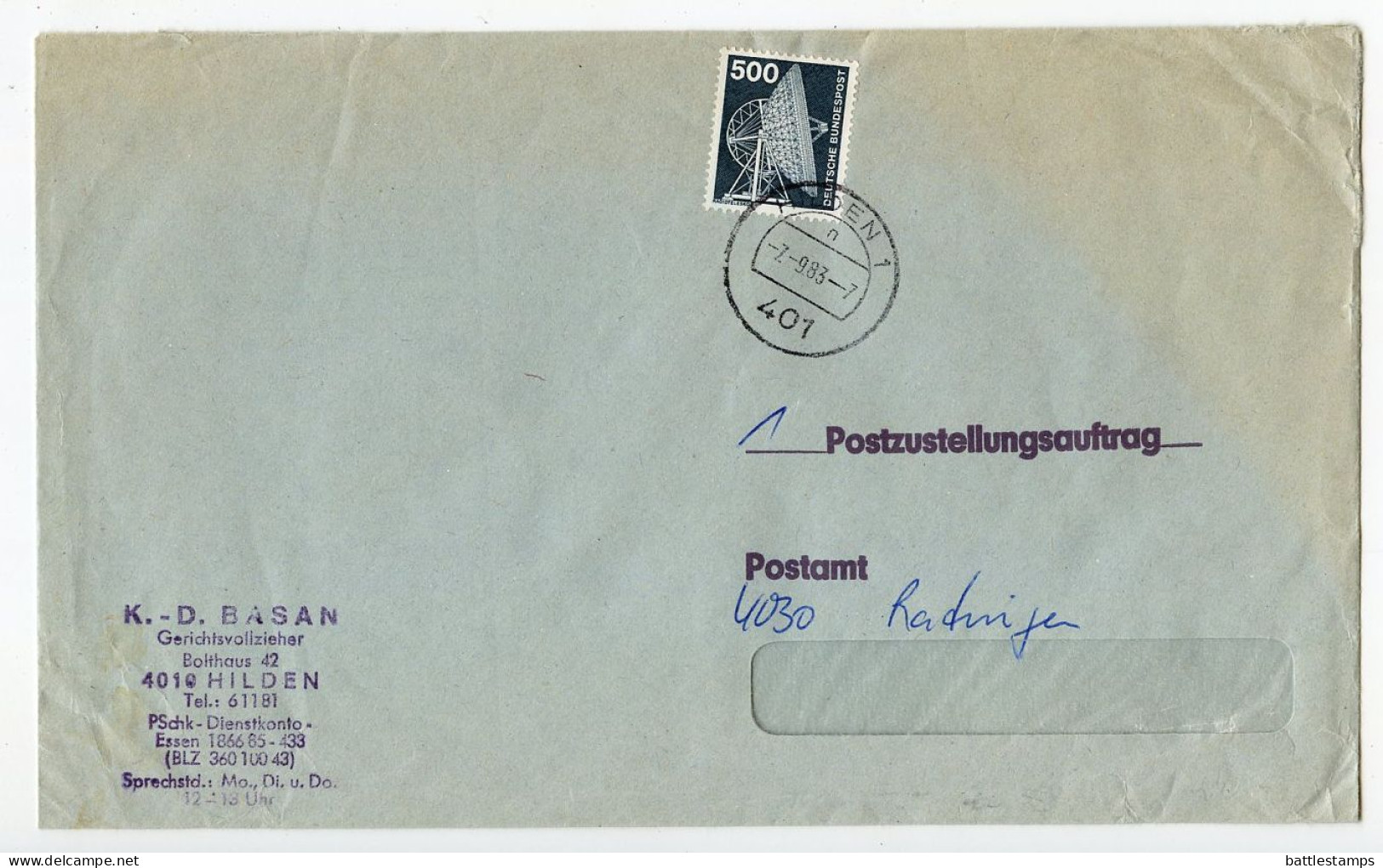 Germany, West 1983 Postzustellungsauftrag Cover; Hilden To Ratingen; 500pf. Radio Telescope Stamp - Lettres & Documents