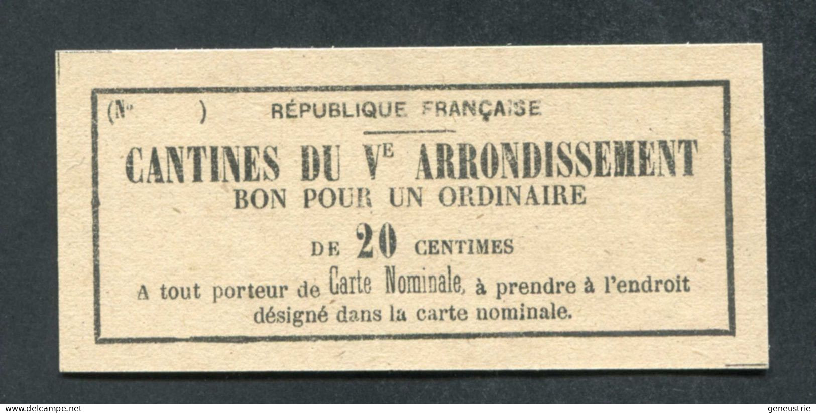 Jeton-carton De Nécessité Cantine Du Ve Arr. (Siège De Paris / Commune 1870/1871) "Bon Pour Un Ordinaire De 20 Centimes" - Monetary / Of Necessity