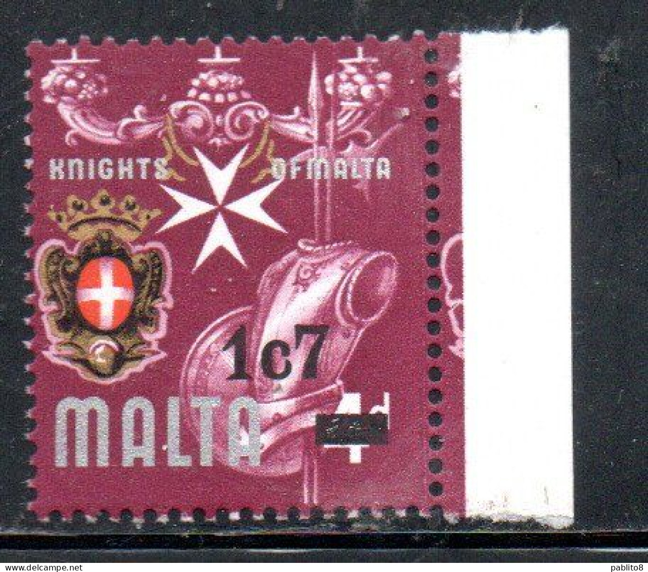 MALTA 1977 KNIGHTS ARMOR ARMATURE DI CAVALIERI COAT OF ARMS STEMMA ARMOIRIES SURCHARGED 1c7m ON 4p SURCHARGE MNH - Malte