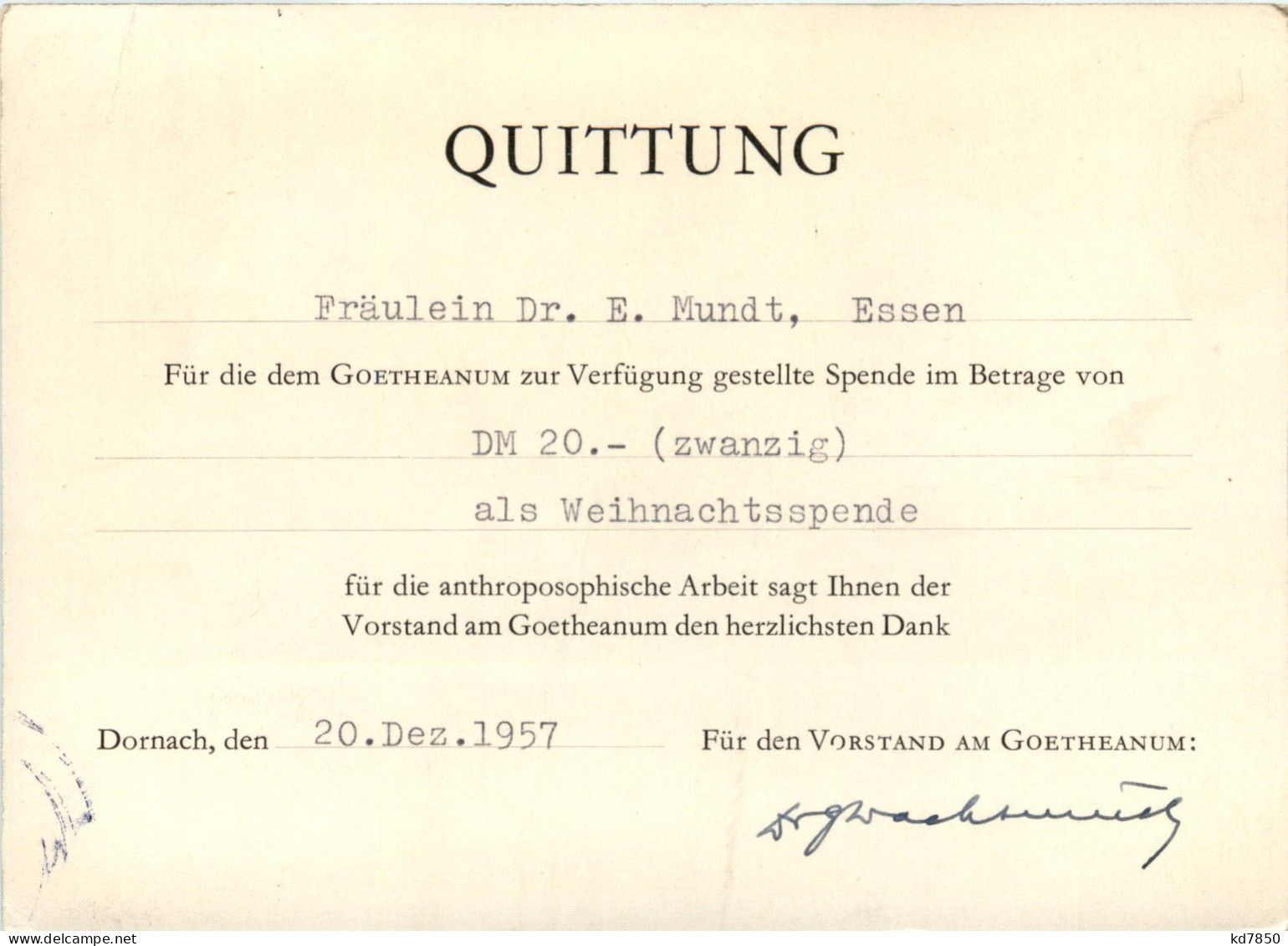 Dornach - Goetheanum - Quittung Für Spende - Dornach