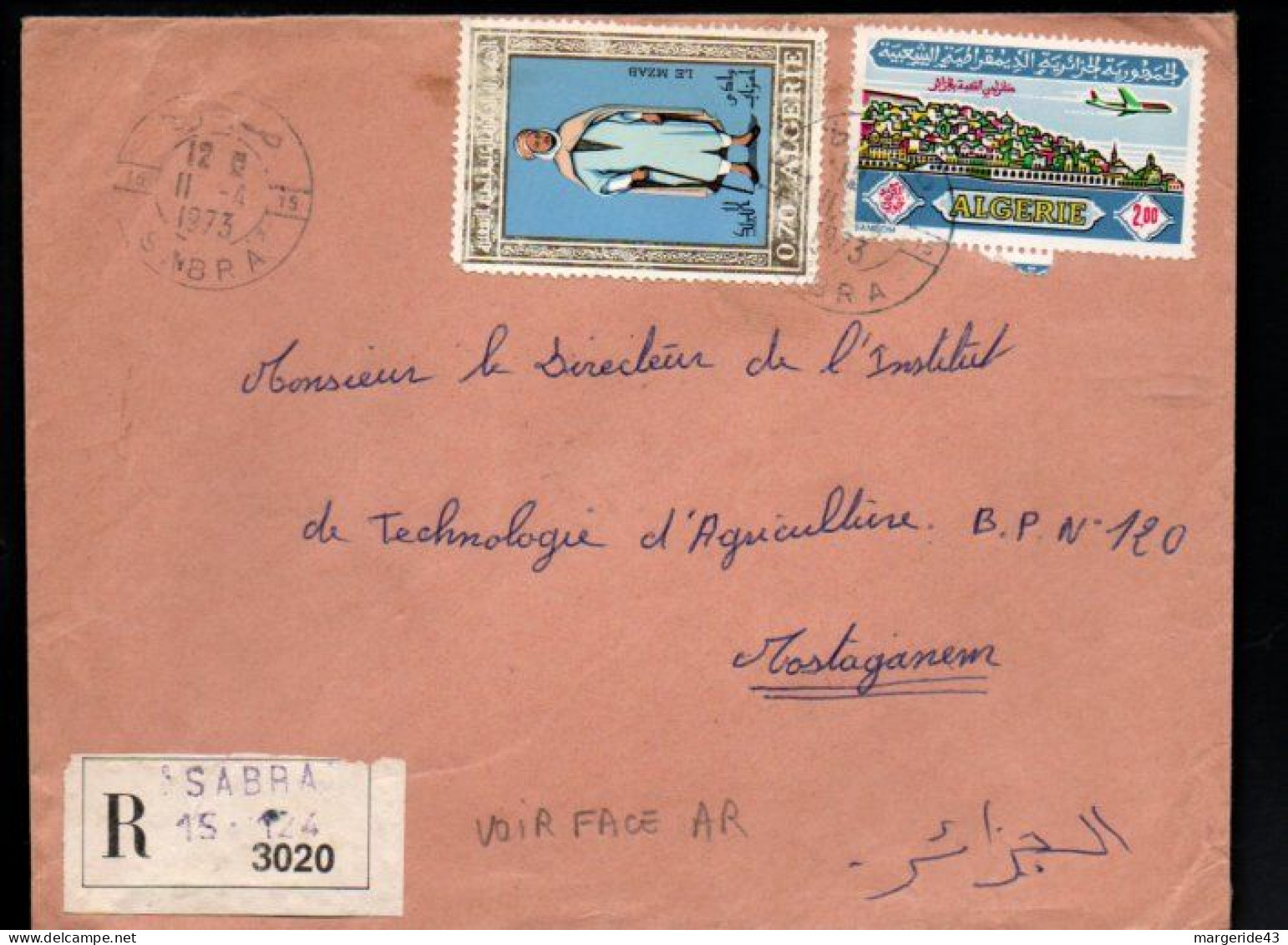 ALGERIE AFFRANCHISSEMENT COMPOSE SUR LETTRE  RECOMMANDEE DE SABRA 1973 - Argelia (1962-...)