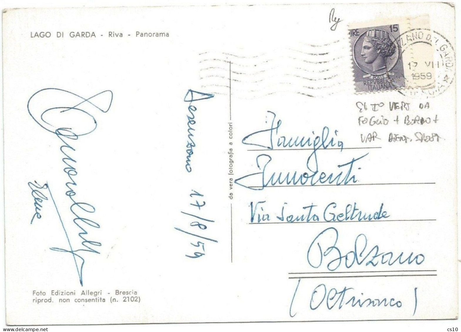 1955 Siracusana L.15 Stelle I° VERTICALE DA FOGLIO + BORDO - Isolato Cart.Desenzano17ago59 - Varietà Dent. Spostata - 1946-60: Storia Postale