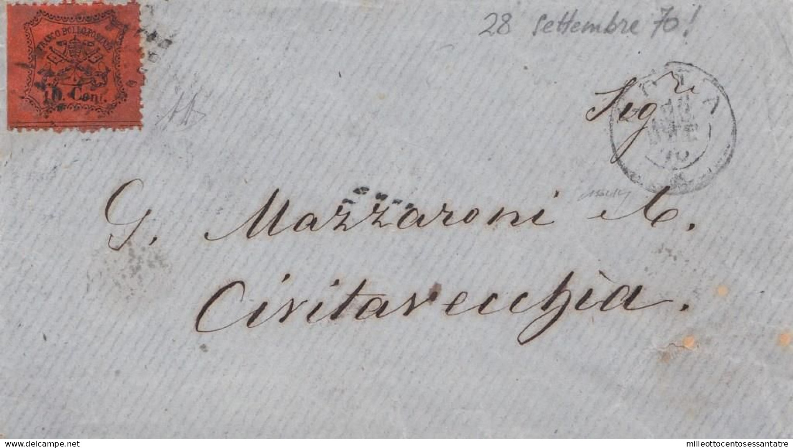 2466  - PONTIFICIO - Bustina Senza Testo Del 28 SETTEMBRE 1870 Da Roma A Civitavecchia Con Cent 10 Vermiglio Arancio - - Poststempel