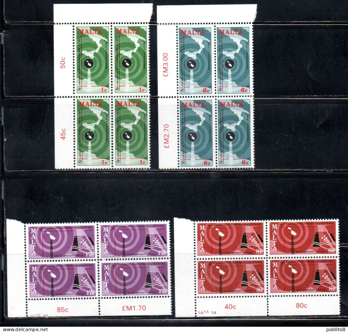 MALTA 1977 WORLD TELECOMMUNICATION DAY GIORNATA MONDIALE DELLE TELECOMUNICAZIONI COMPLETE SET SERIE COMPLETA BLOCK MNH - Malta