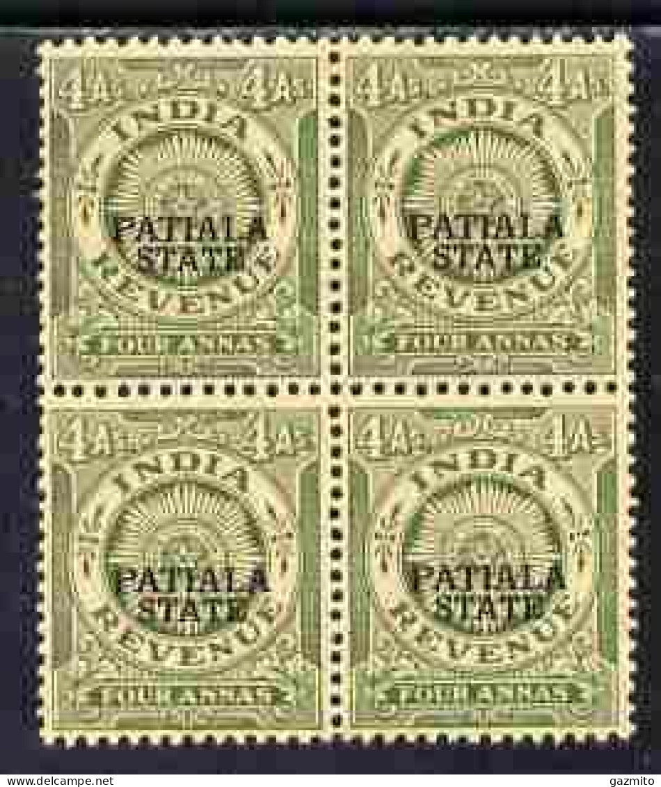 Indian States - Patiala 1934-49, 4a Green British Indian Revenue Type Opt'd Patiala State In Block Of 4, Usual Toned Gum - Patiala