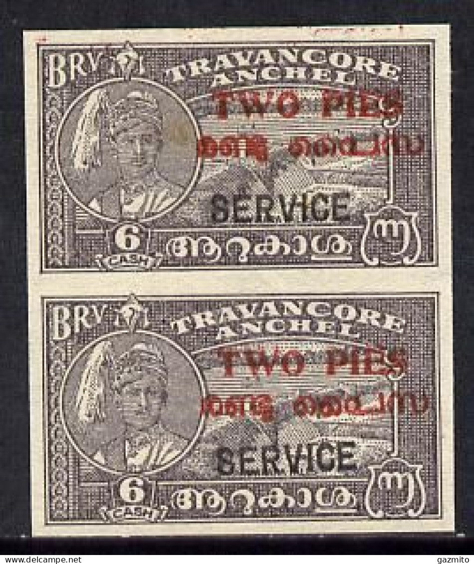 Indian States -Travancore Cochin 1949, Official 2p On 6ca Imperf Pair On Ungummed Paper (as Issued) - Travancore