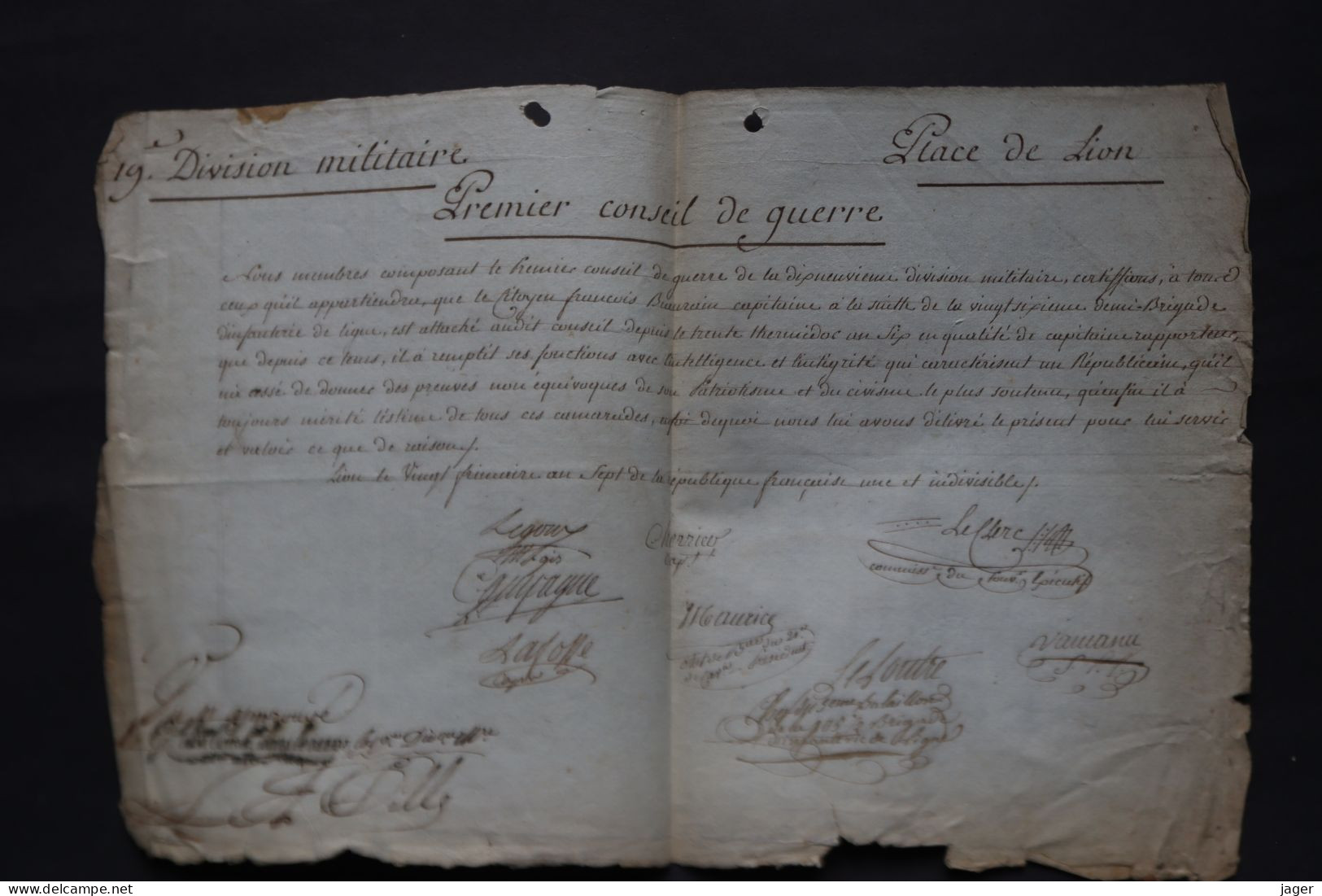 An 7  Certificat Du 26 1/2 Brigade  Capitaine BEAURAIN   Place De LION   Autographes Général De La Révolution    Lot 2 - Historische Dokumente