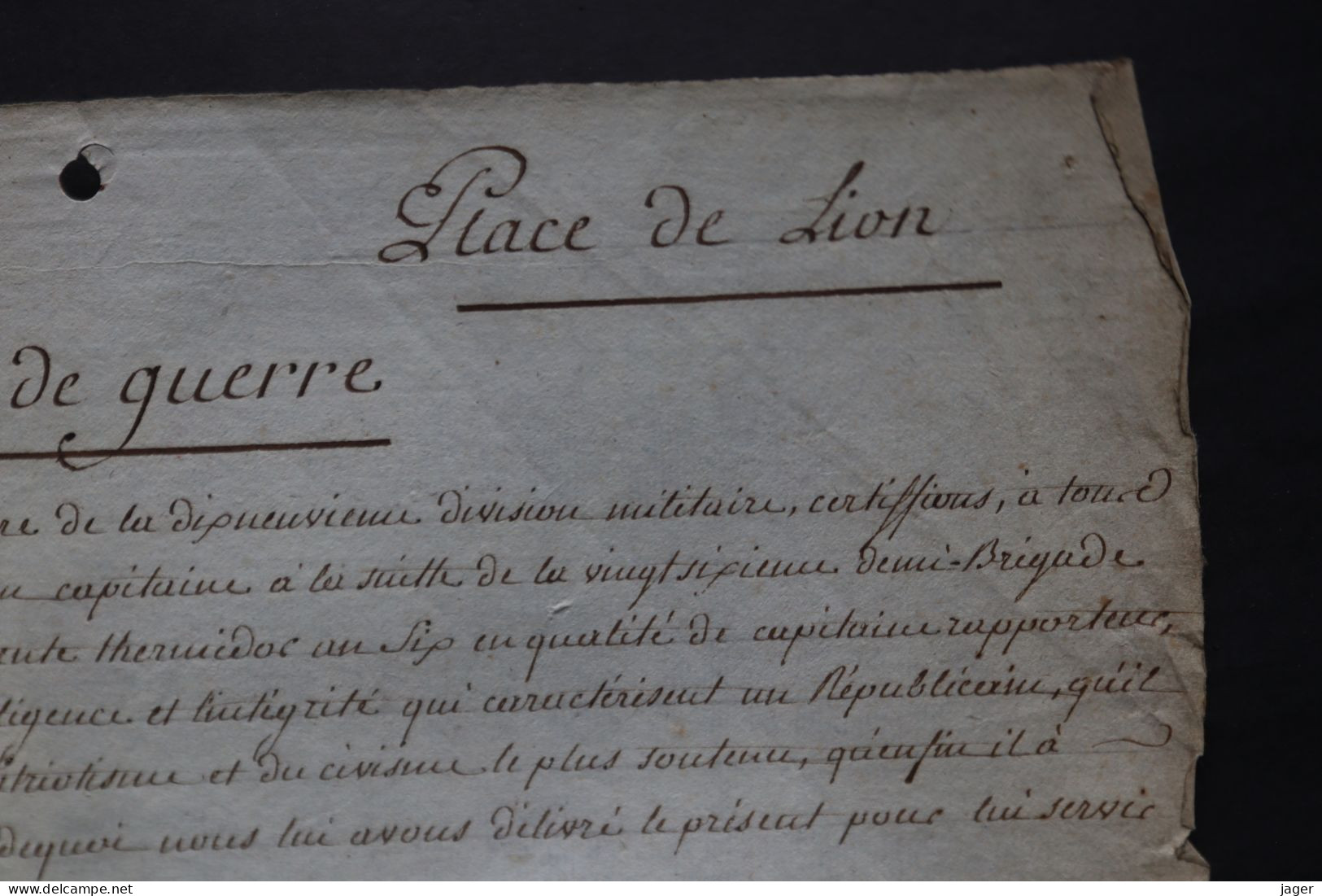 An 7  Certificat Du 26 1/2 Brigade  Capitaine BEAURAIN   Place De LION   Autographes Général De La Révolution    Lot 2 - Historische Dokumente