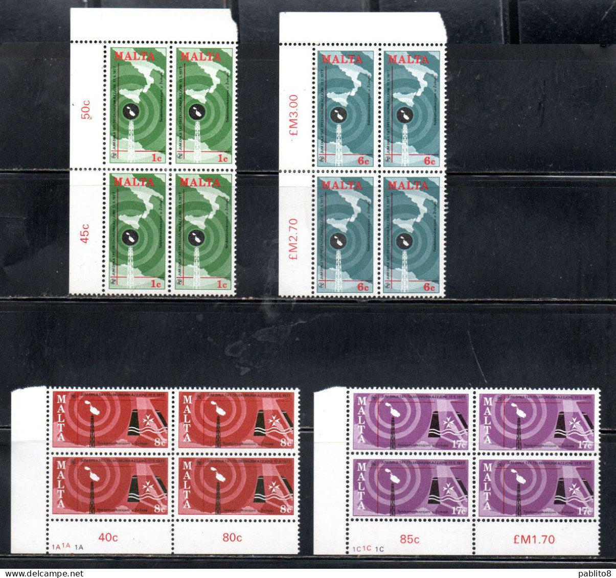 MALTA 1977 WORLD TELECOMMUNICATION DAY GIORNATA MONDIALE DELLE TELECOMUNICAZIONI COMPLETE SET SERIE COMPLETA BLOCK MNH - Malte