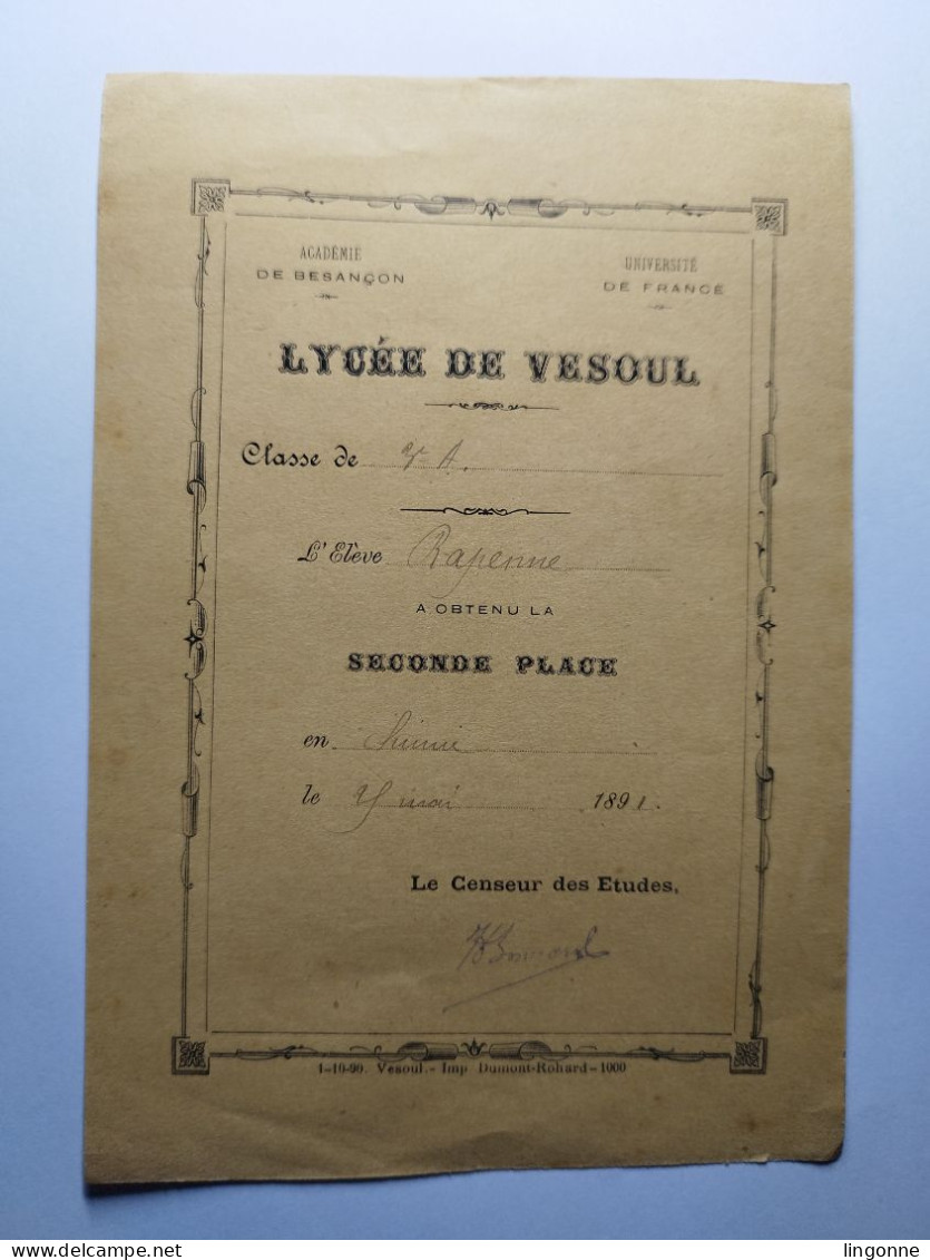 1891 Lycée De VESOUL (Haute-Saône 70) ACADEMIE De BESANCON UNIVERSITE DE FRANCE élève RAPENNE Seconde Place CHIMIE - Diplômes & Bulletins Scolaires