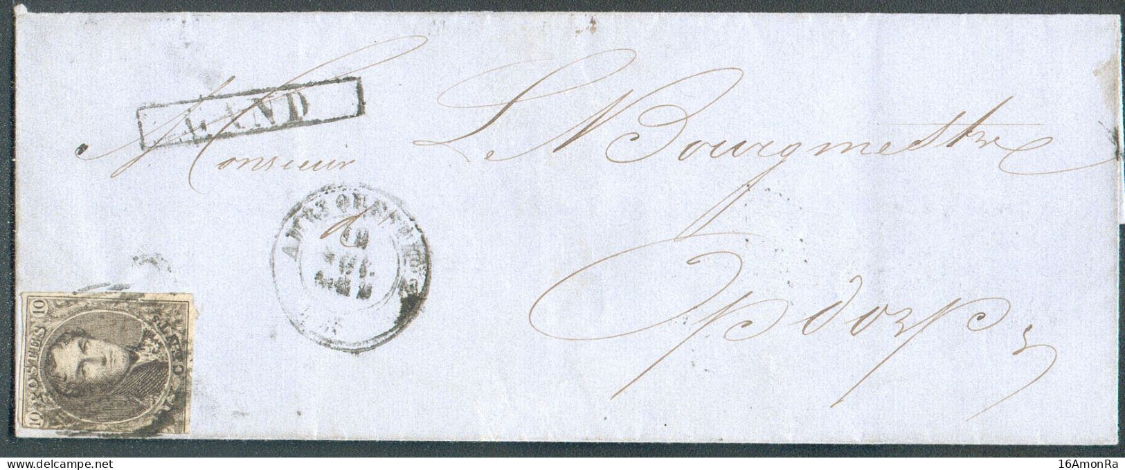 N°10A - Médaillon 10 Centimes Brun Foncé, Touché à Gauche Sinon TB Et Obl. Ambulant O.II Sur Lettre De GAND (griffe Enca - 1858-1862 Médaillons (9/12)