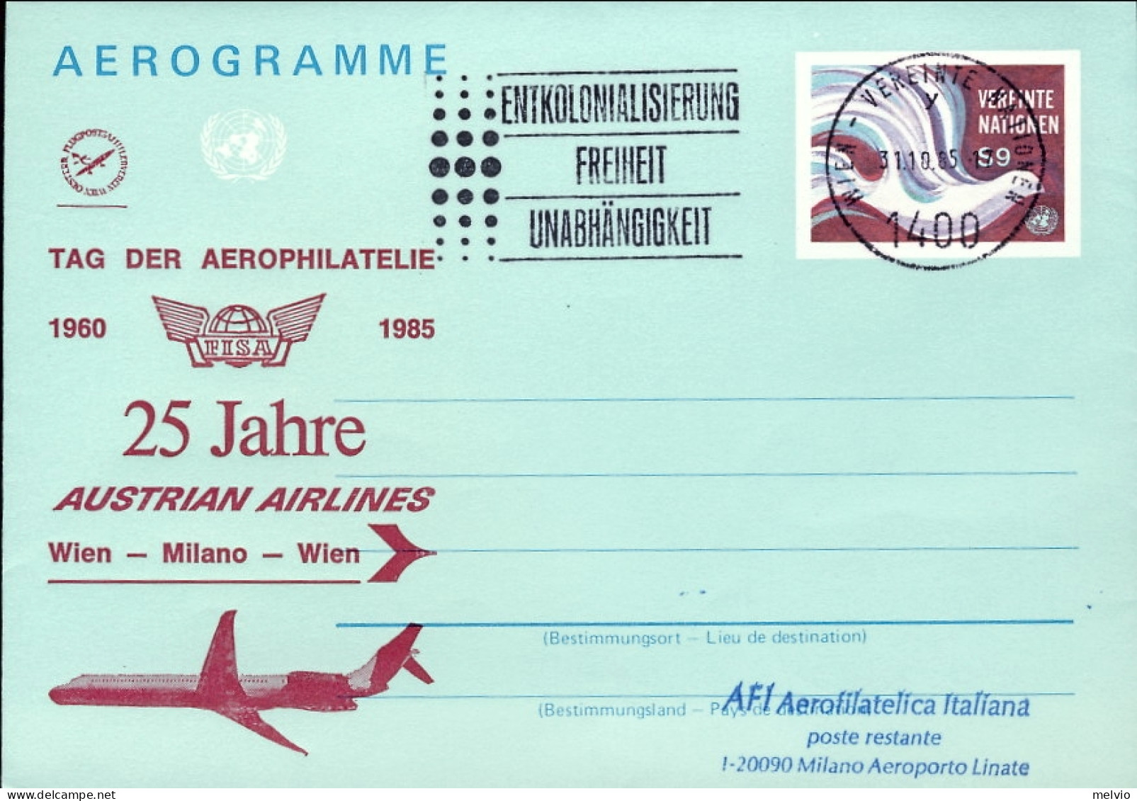 1985-Nazioni Unite 9sh.Tag Der Aerophilatelie Con Il Bollo Per Il 25 Anniversari - Autres & Non Classés