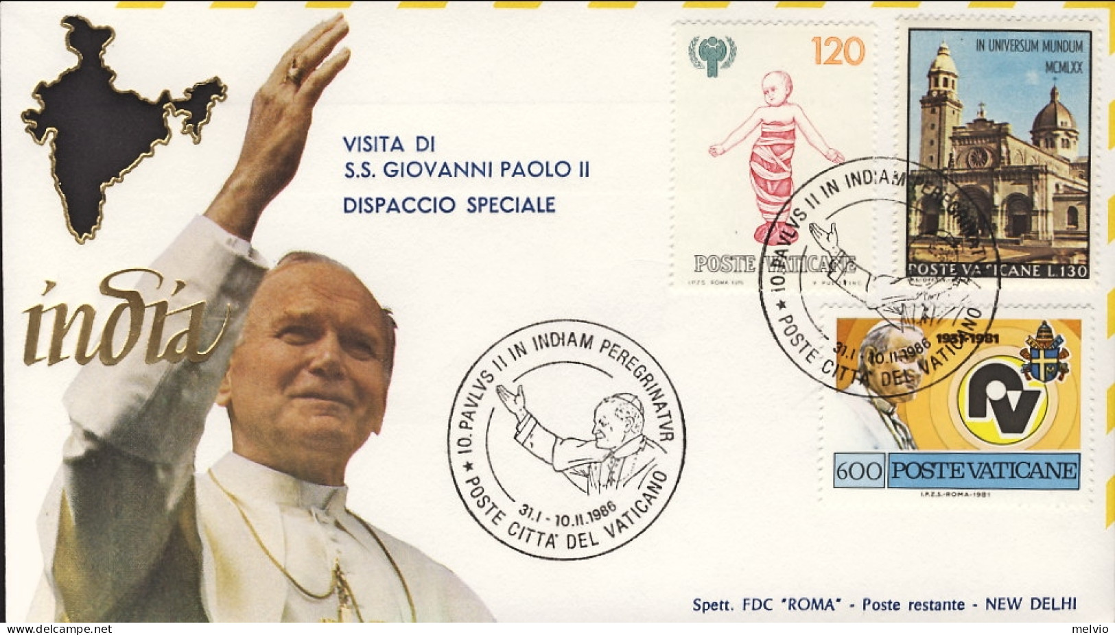 1986-Vaticano Visita Di S.S.Giovanni Paolo II^ In India Dispaccio Aereo Speciale - Poste Aérienne