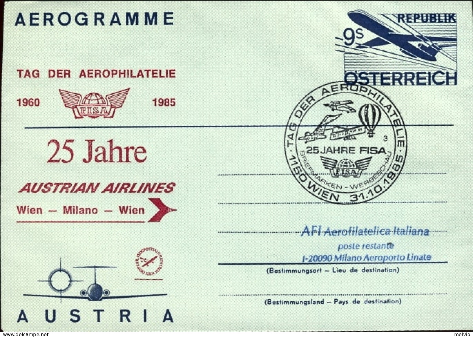 1985-Autriche Osterreich Austria 9sh.Tag Der Aerophilatelie Con Il Bollo Per Il  - Otros & Sin Clasificación