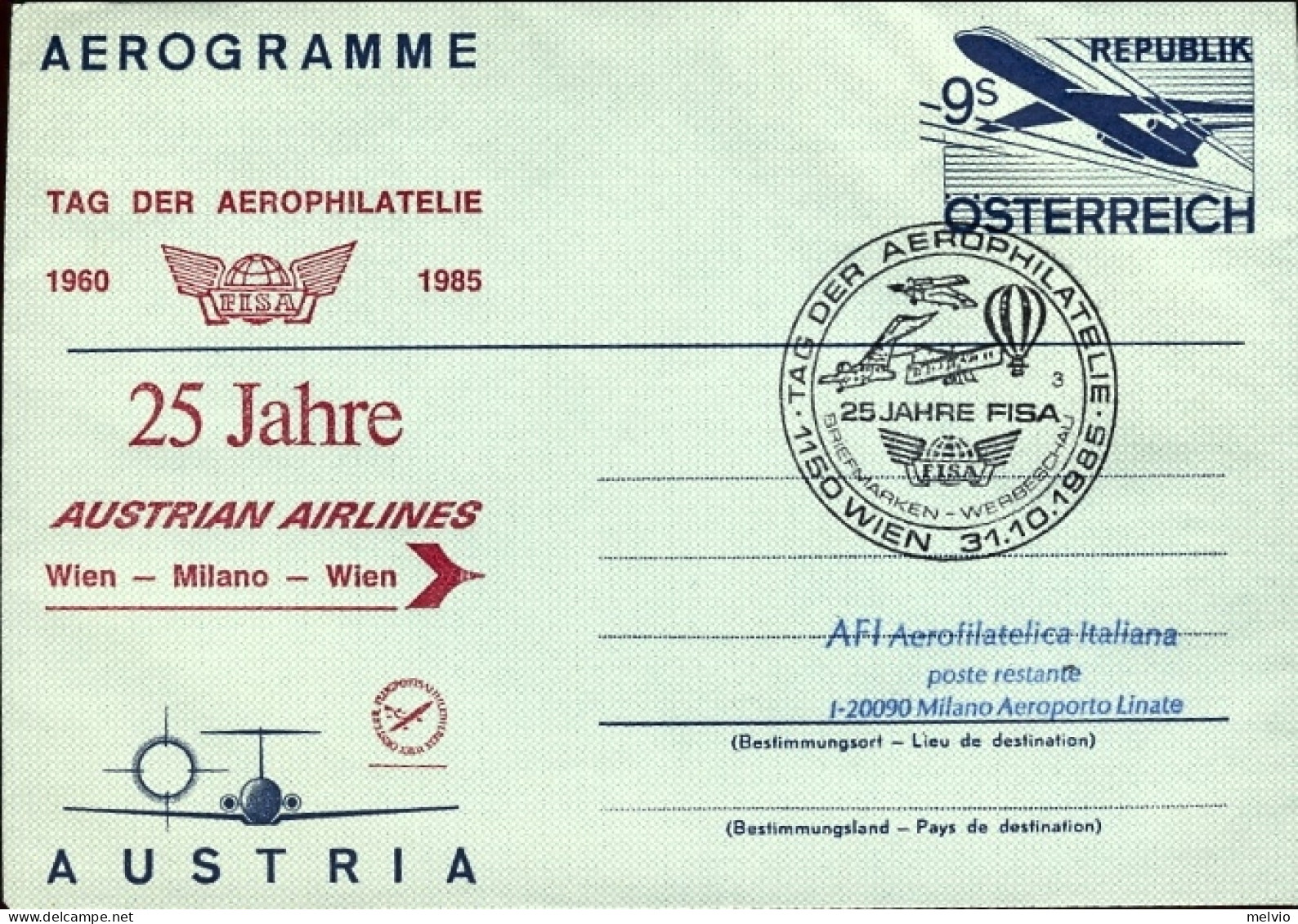 1985-Autriche Osterreich Austria 9sh.Tag Der Aerophilatelie Con Il Bollo Per Il  - Sonstige & Ohne Zuordnung