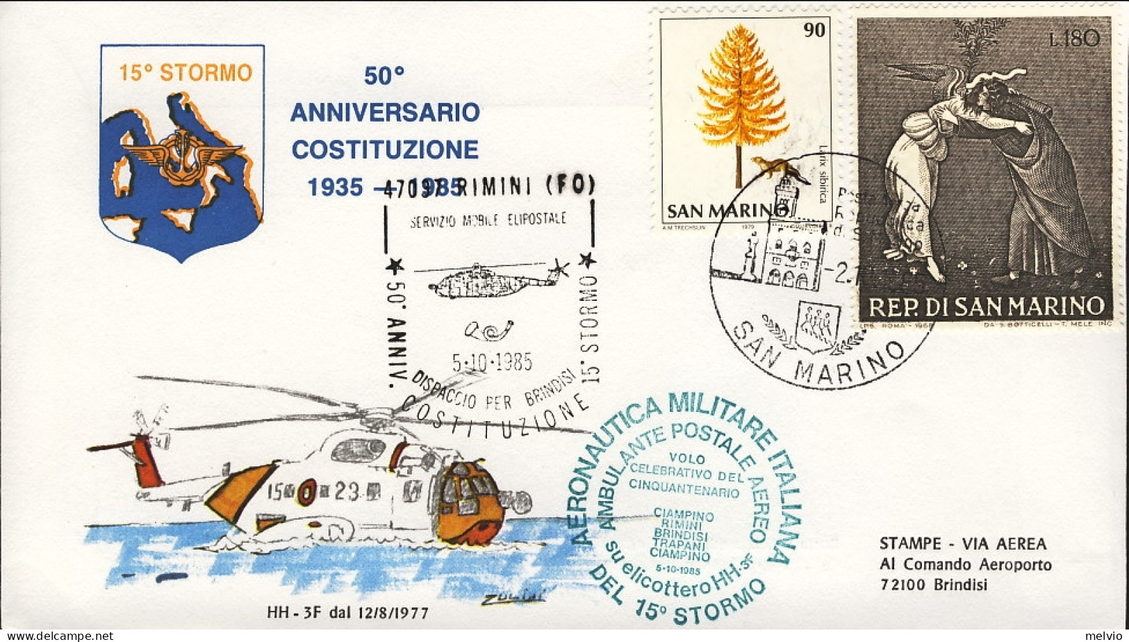 San Marino-1985 50^ Anniversario Costituzione Del 15^ Stormo Bollo Verde A.M.I.  - Corréo Aéreo