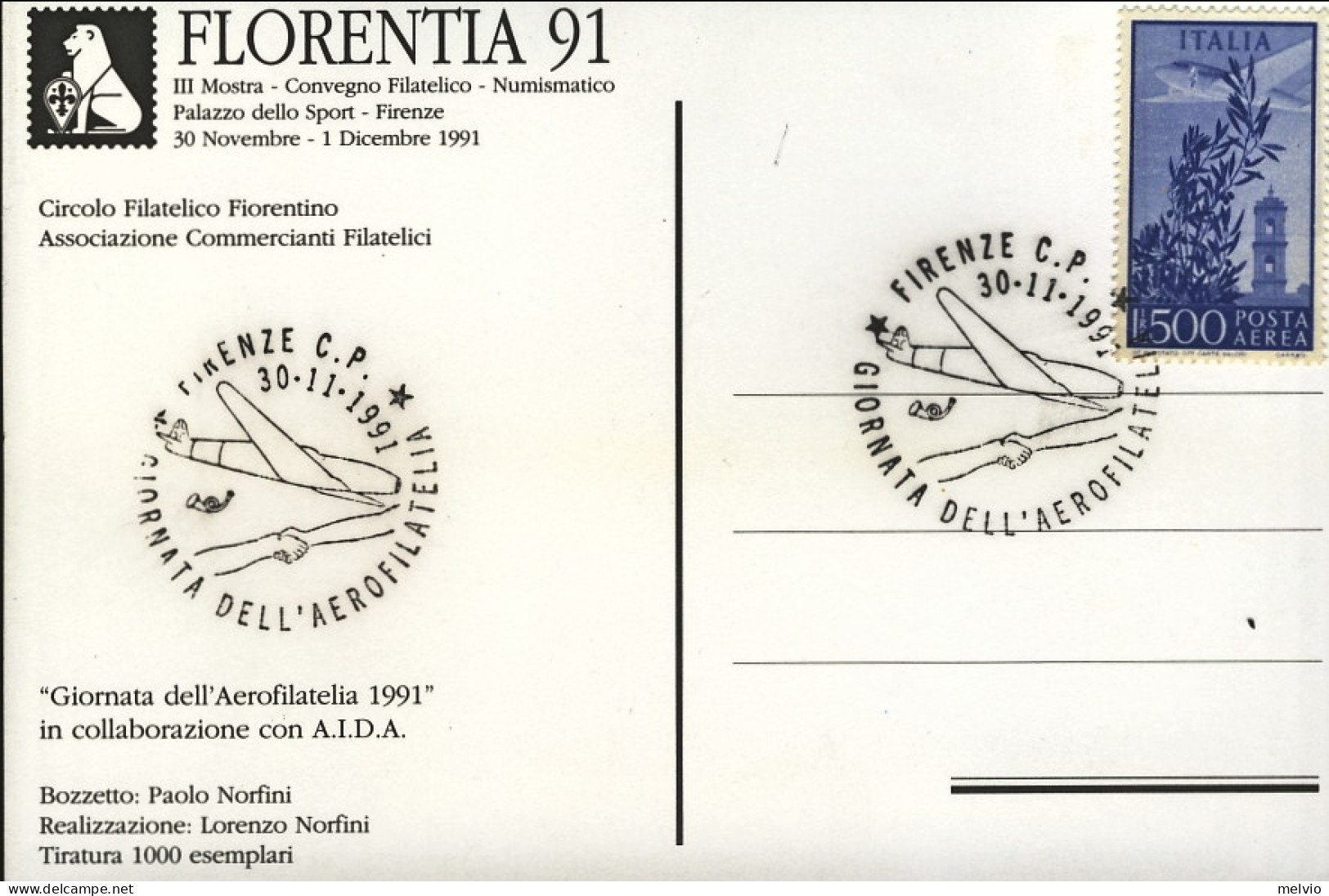 1991-cartolina Illustrata Firenze Giornata Dell'aerofilatelia Del 30 Novembre - 1991-00: Poststempel